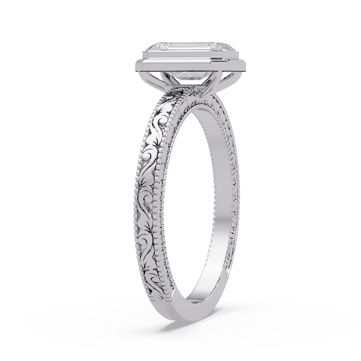 Emerald Cut Bezel Lab Grown Diamond Engagement Ring, Vintage Engraved Solitaire Ring, Art Deco Bridal Ring
