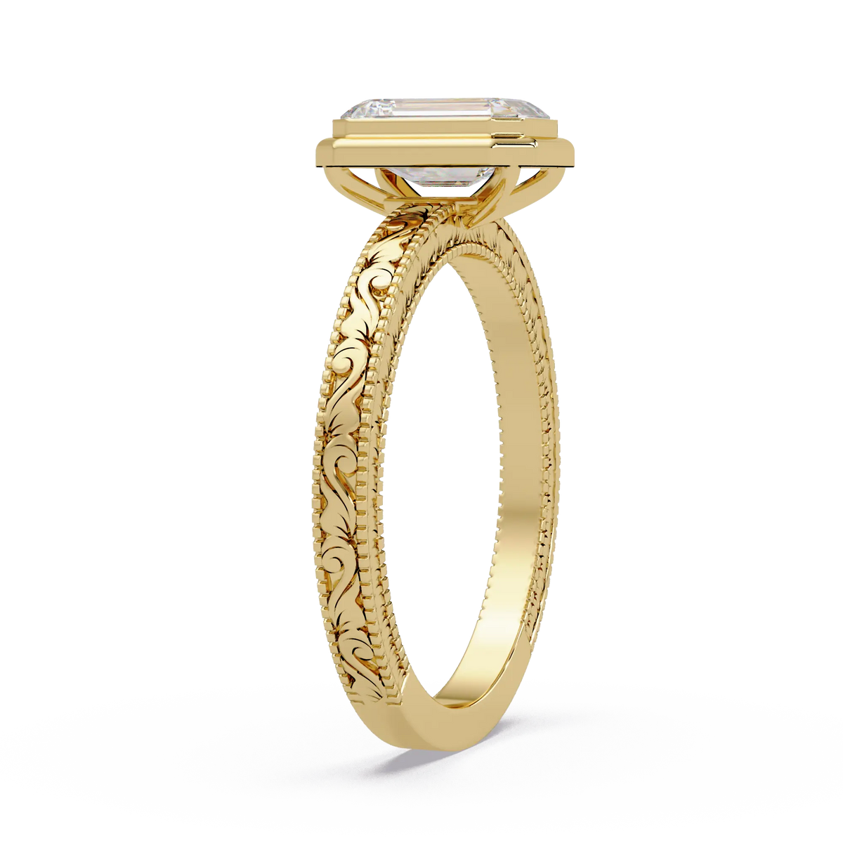 Emerald Cut Bezel Lab Grown Diamond Engagement Ring, Vintage Engraved Solitaire Ring, Art Deco Bridal Ring