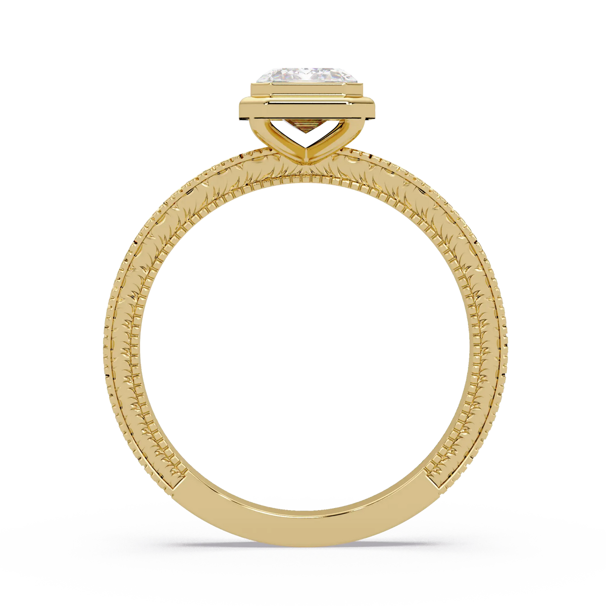 Emerald Cut Bezel Lab Grown Diamond Engagement Ring, Vintage Engraved Solitaire Ring, Art Deco Bridal Ring