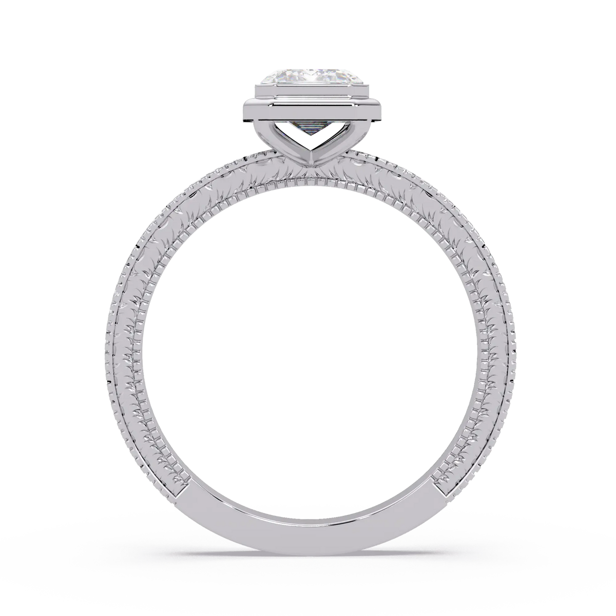 Emerald Cut Bezel Lab Grown Diamond Engagement Ring, Vintage Engraved Solitaire Ring, Art Deco Bridal Ring