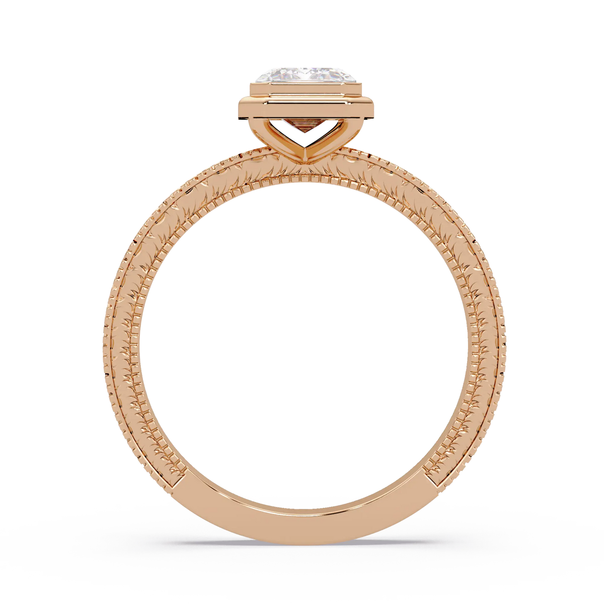 Emerald Cut Bezel Lab Grown Diamond Engagement Ring, Vintage Engraved Solitaire Ring, Art Deco Bridal Ring