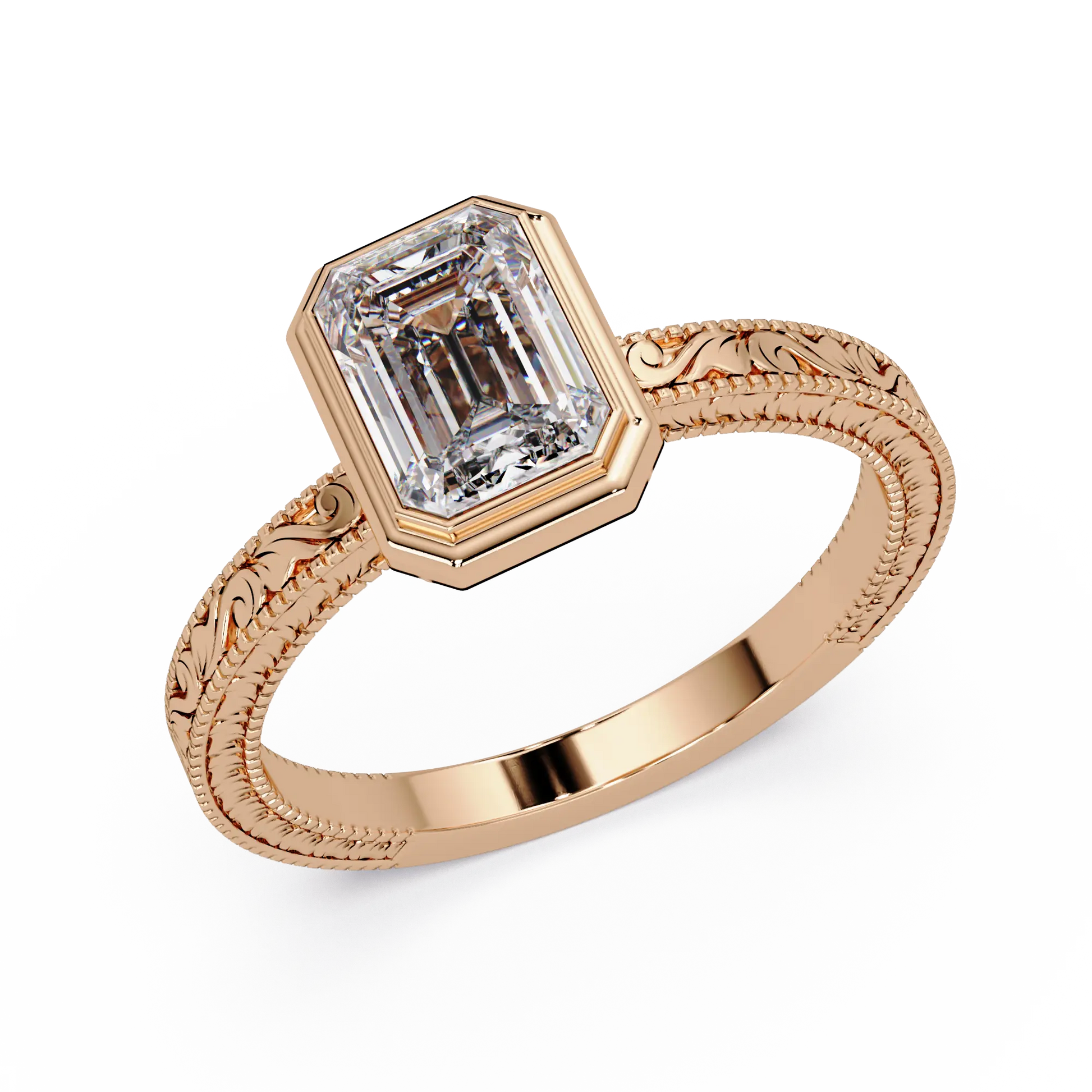 Emerald Cut Bezel Lab Grown Diamond Engagement Ring, Vintage Engraved Solitaire Ring, Art Deco Bridal Ring