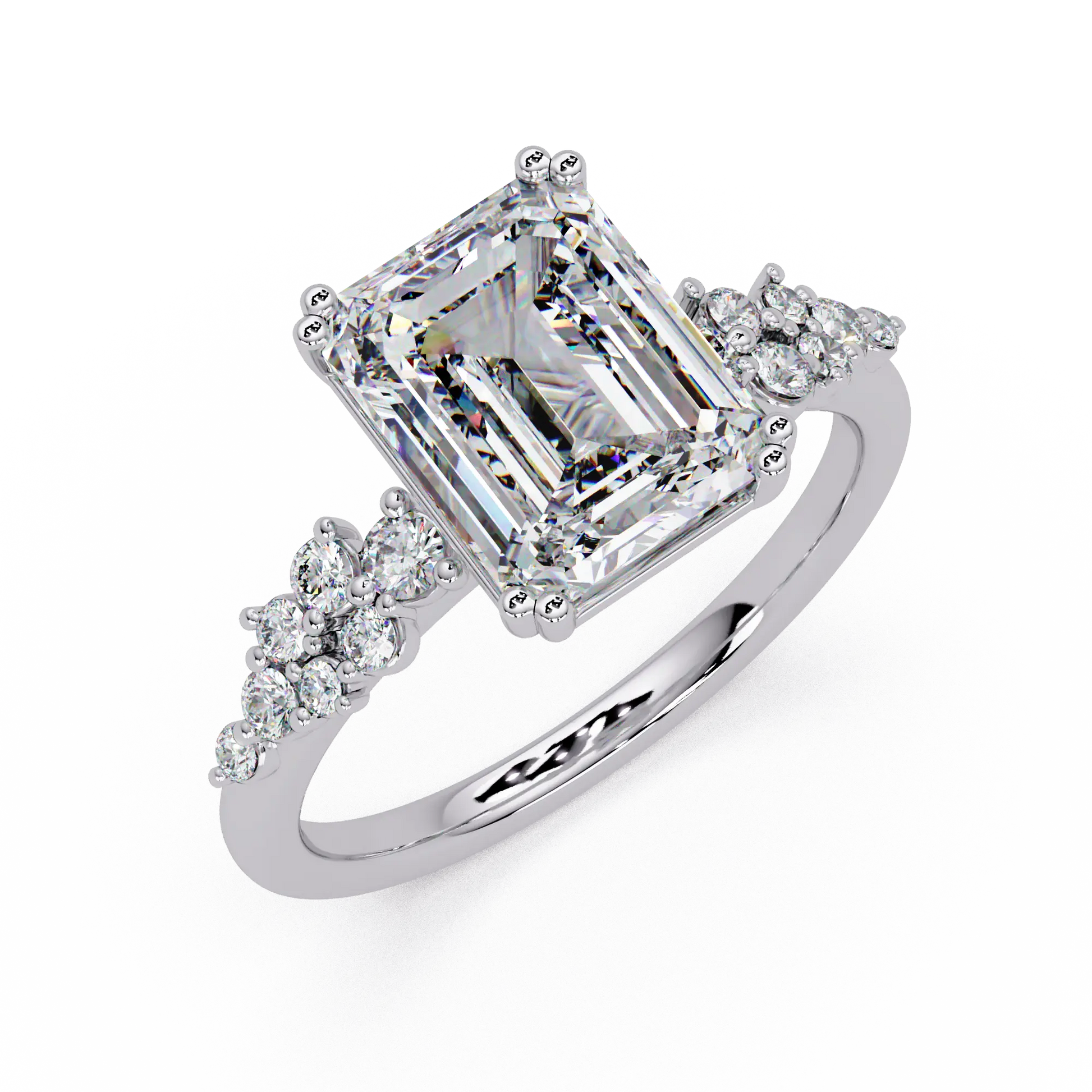 Emerald Cut Diamond Solitaire Engagement Ring Floral Cluster Accent Gold Ring