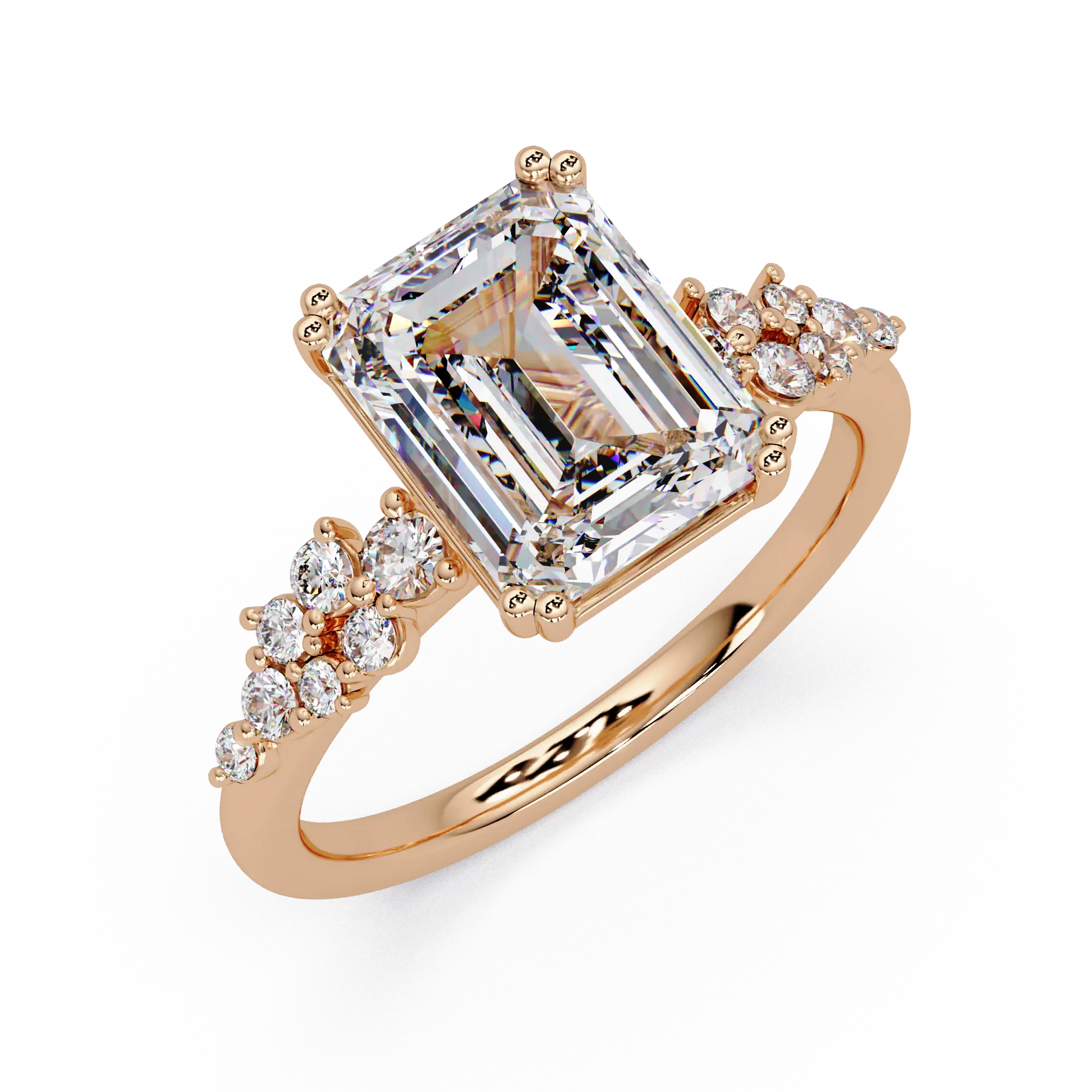 Emerald Cut Diamond Solitaire Engagement Ring Floral Cluster Accent Gold Ring