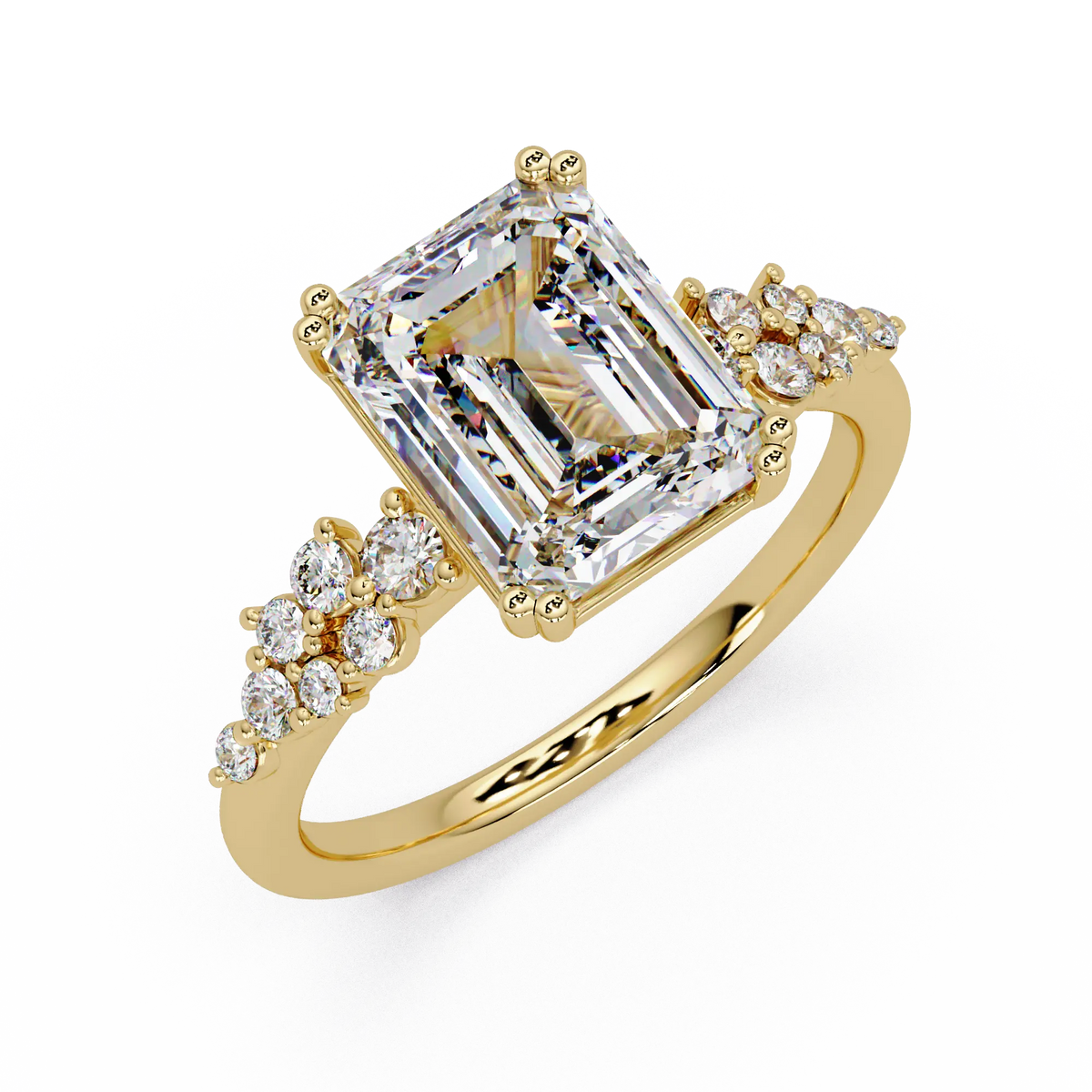 Emerald Cut Diamond Solitaire Engagement Ring Floral Cluster Accent Gold Ring