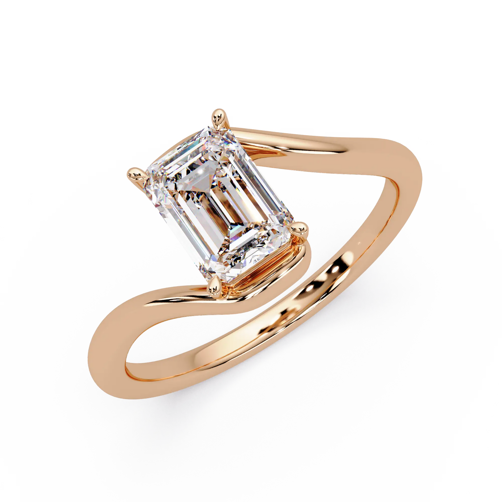 Emerald Cut Diamond Solitaire Engagement Ring Modern Bypass Gold Engagement Ring