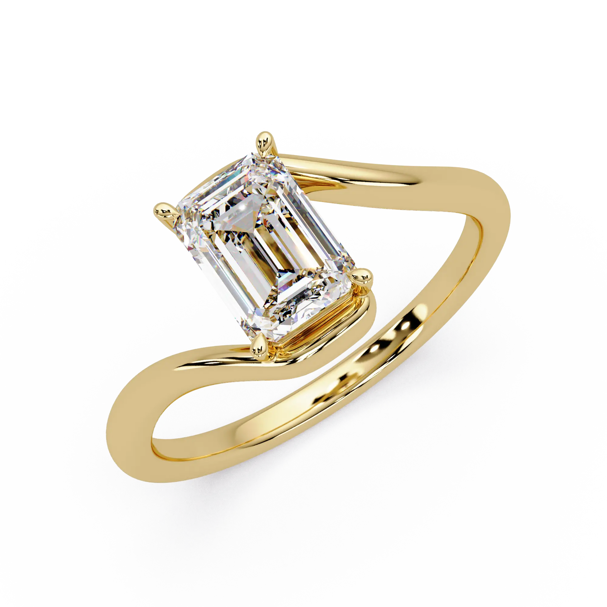 Emerald Cut Diamond Solitaire Engagement Ring Modern Bypass Gold Engagement Ring
