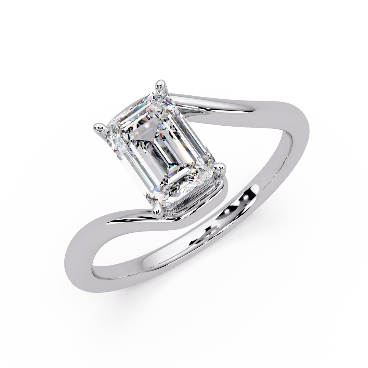 Emerald Cut Diamond Solitaire Engagement Ring Modern Bypass Gold Engagement Ring