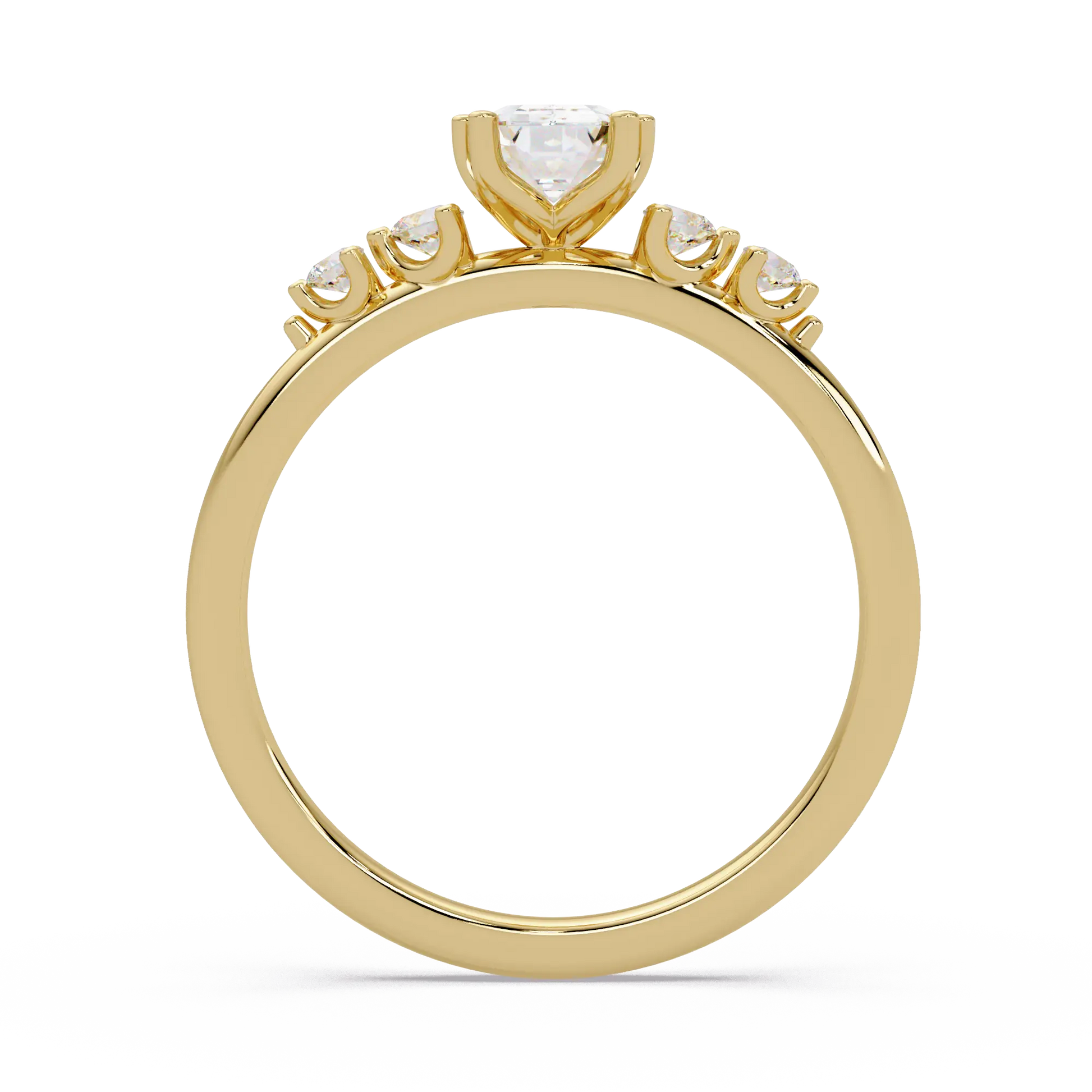 Emerald Cut Diamond Three Stone Engagement Ring  Round Accent Diamond Solitaire Ring