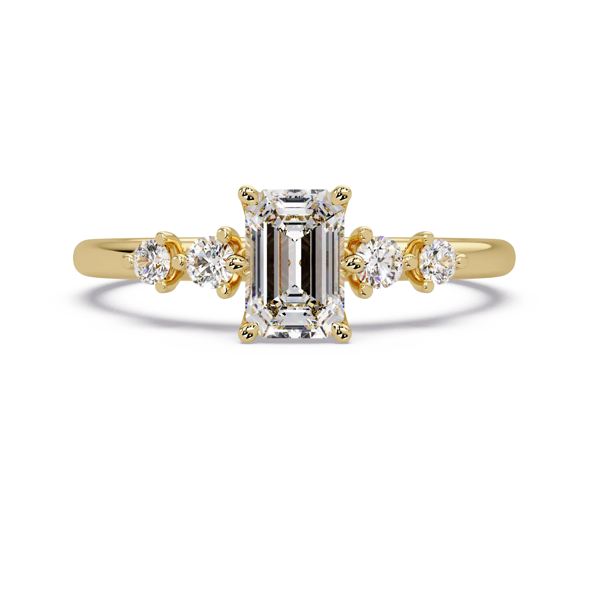 Emerald Cut Diamond Three Stone Engagement Ring  Round Accent Diamond Solitaire Ring