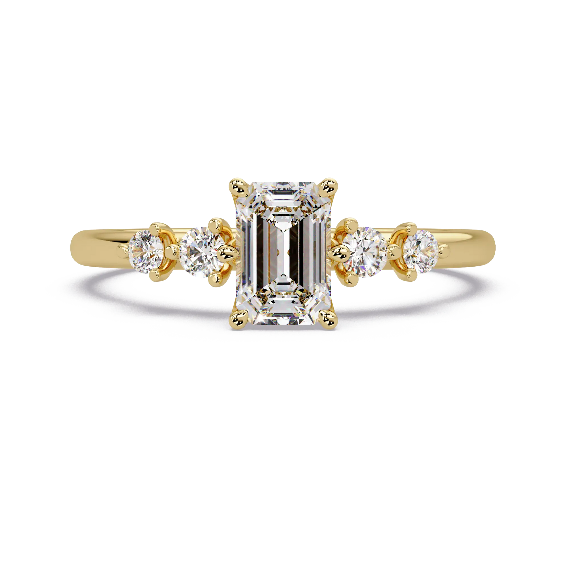 Emerald Cut Diamond Three Stone Engagement Ring  Round Accent Diamond Solitaire Ring