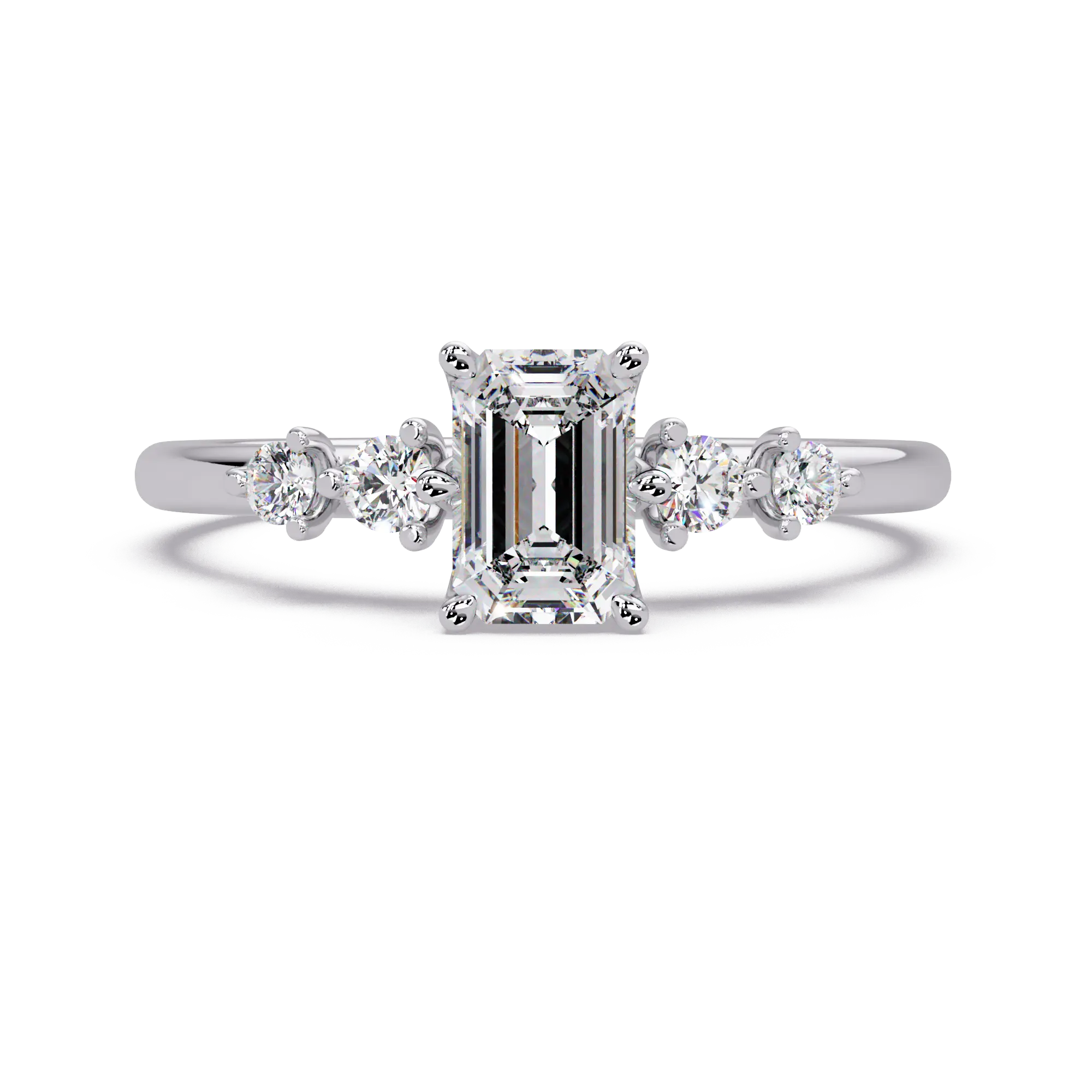 Emerald Cut Diamond Three Stone Engagement Ring  Round Accent Diamond Solitaire Ring