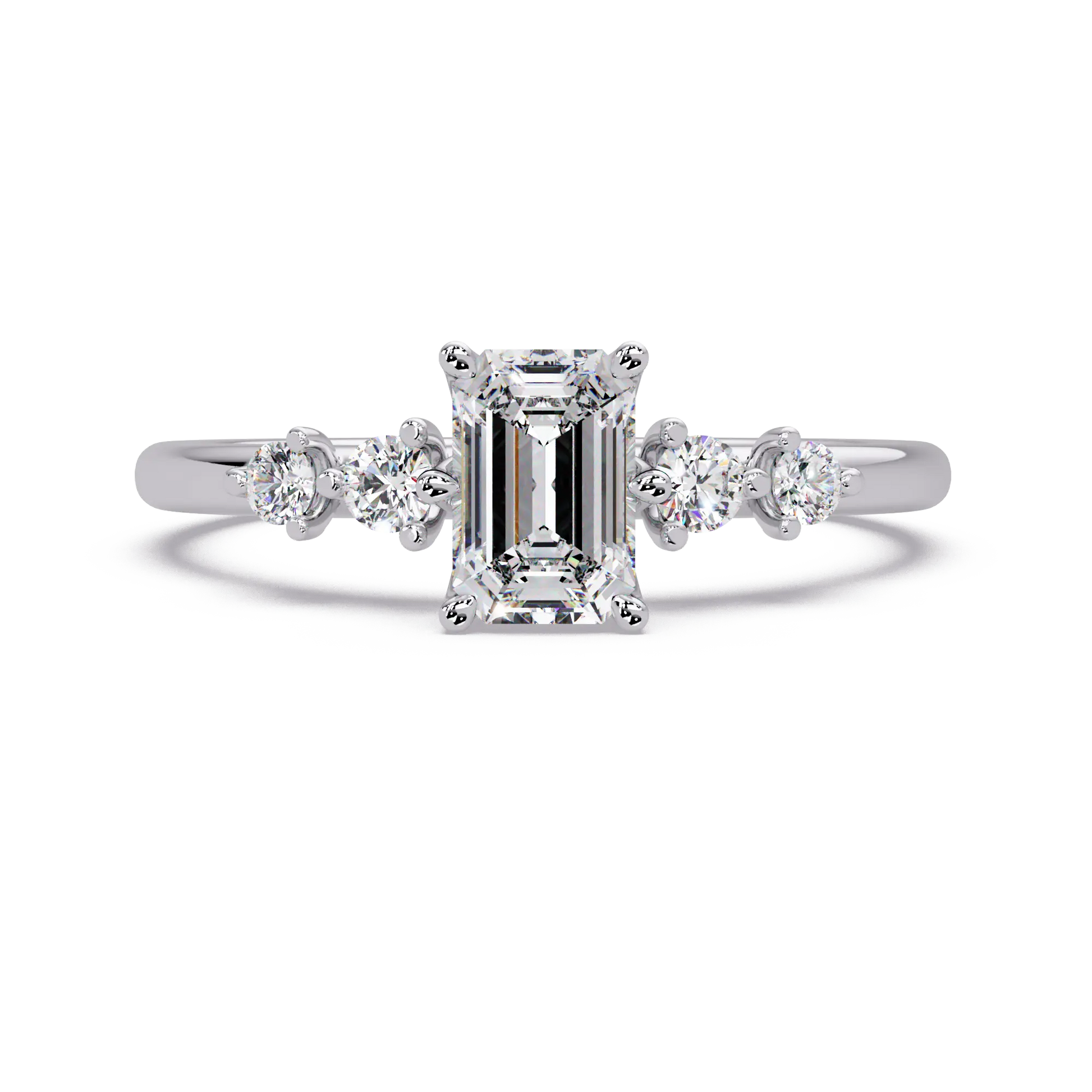 Emerald Cut Diamond Three Stone Engagement Ring  Round Accent Diamond Solitaire Ring