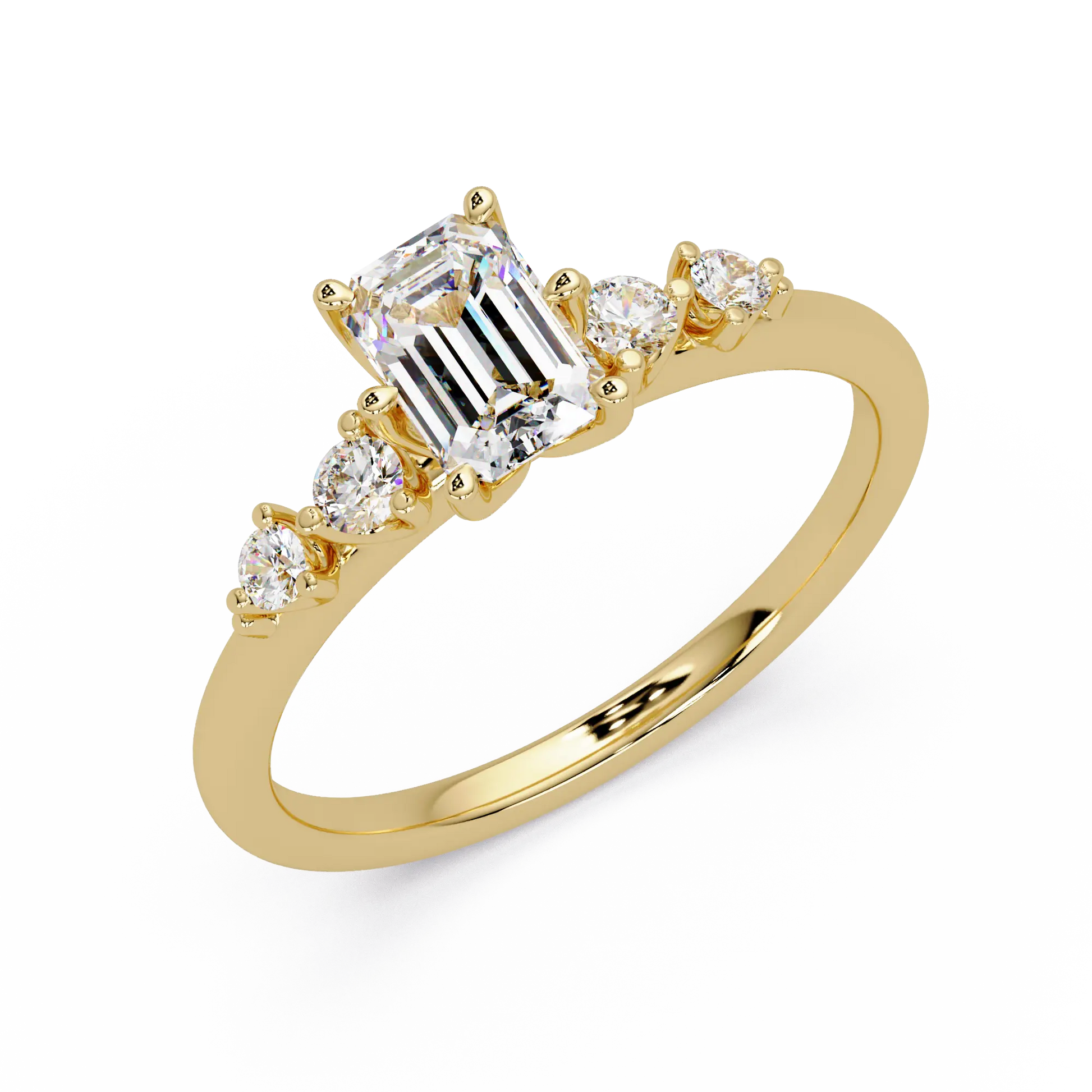 Emerald Cut Diamond Three Stone Engagement Ring  Round Accent Diamond Solitaire Ring