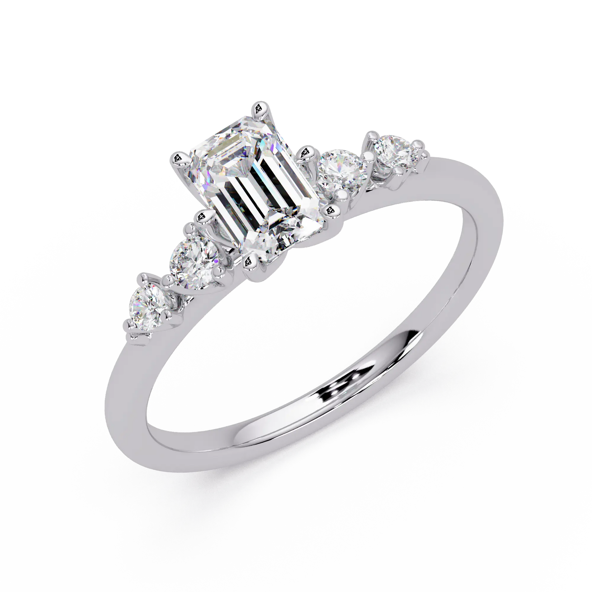 Emerald Cut Diamond Three Stone Engagement Ring  Round Accent Diamond Solitaire Ring