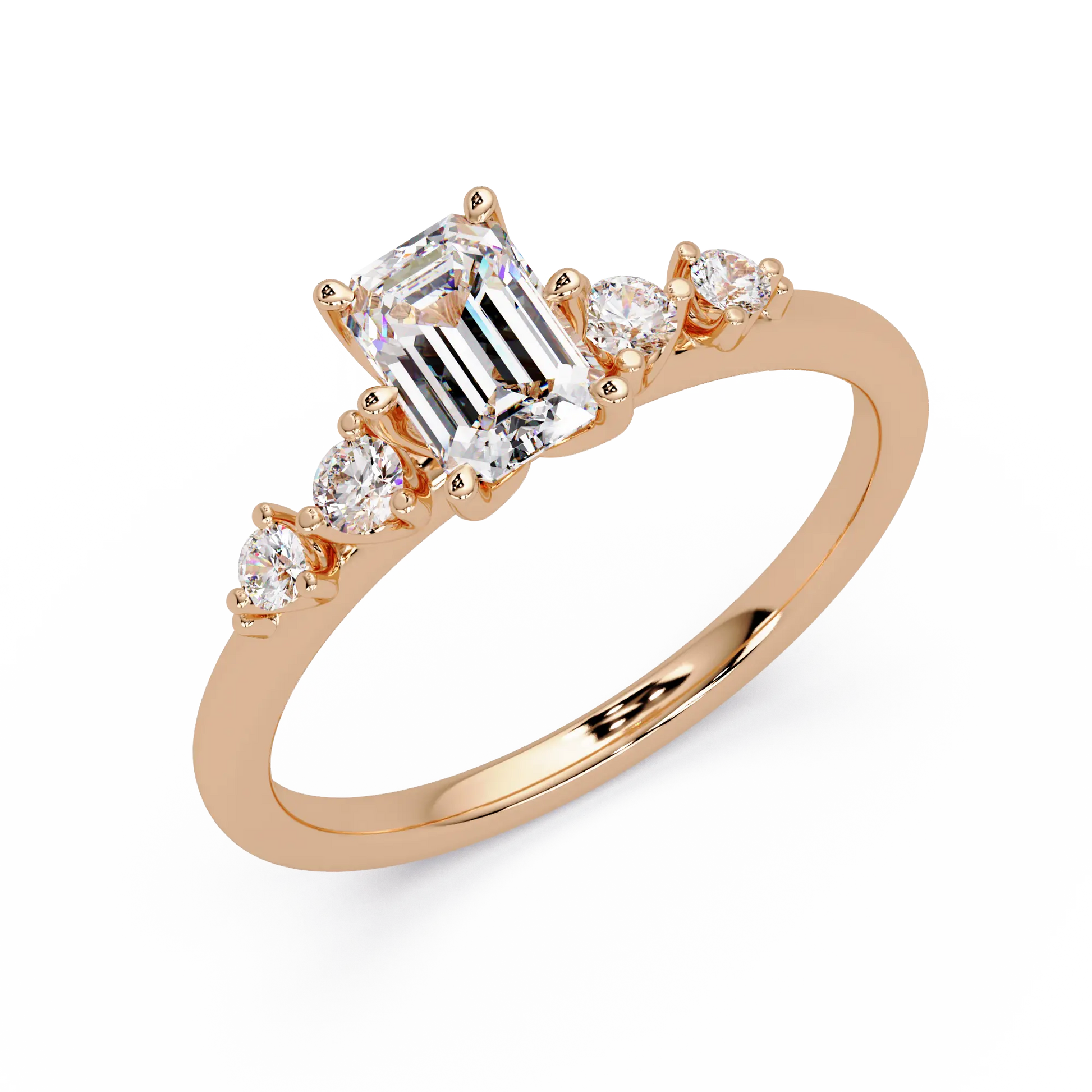 Emerald Cut Diamond Three Stone Engagement Ring  Round Accent Diamond Solitaire Ring