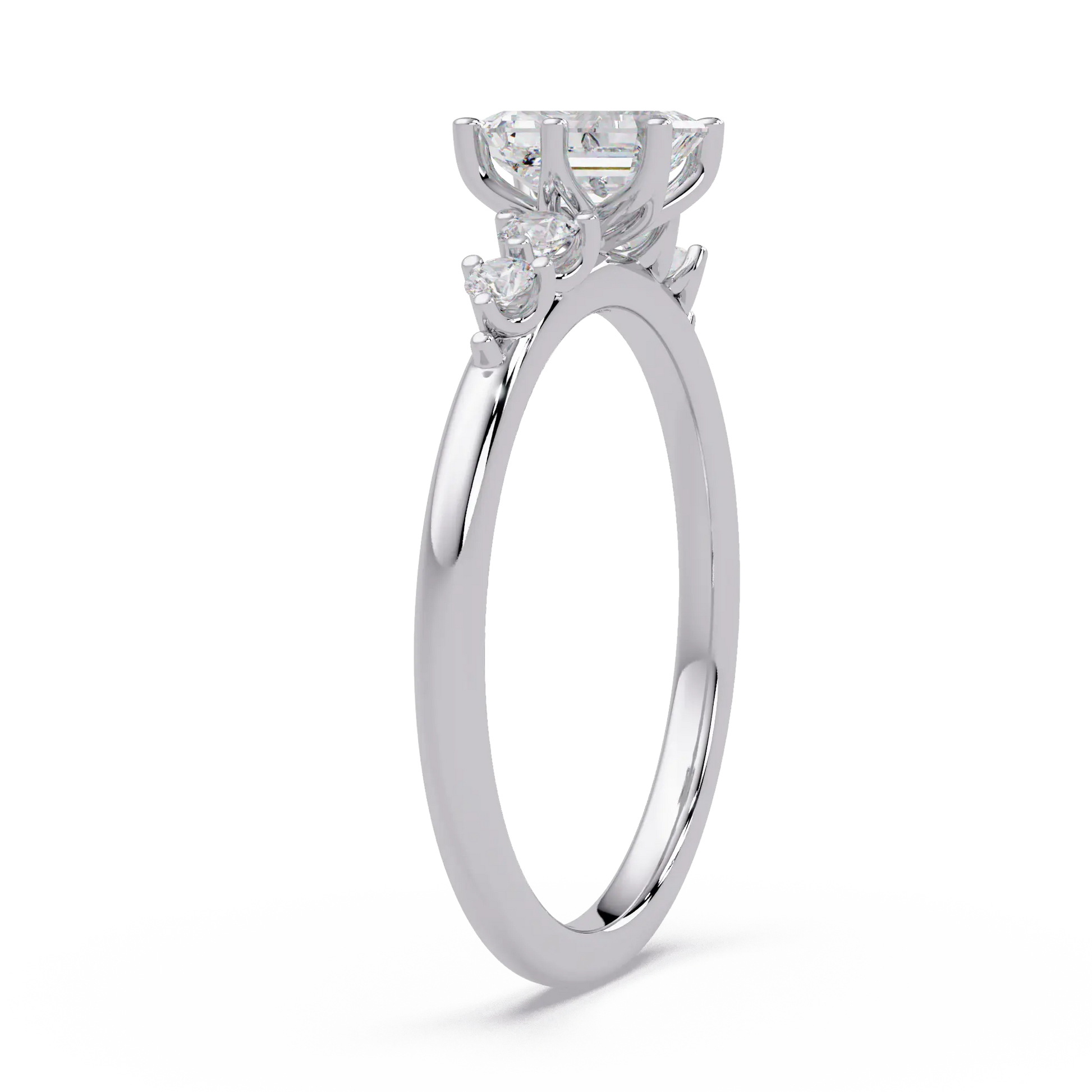 Emerald Cut Diamond Three Stone Engagement Ring  Round Accent Diamond Solitaire Ring