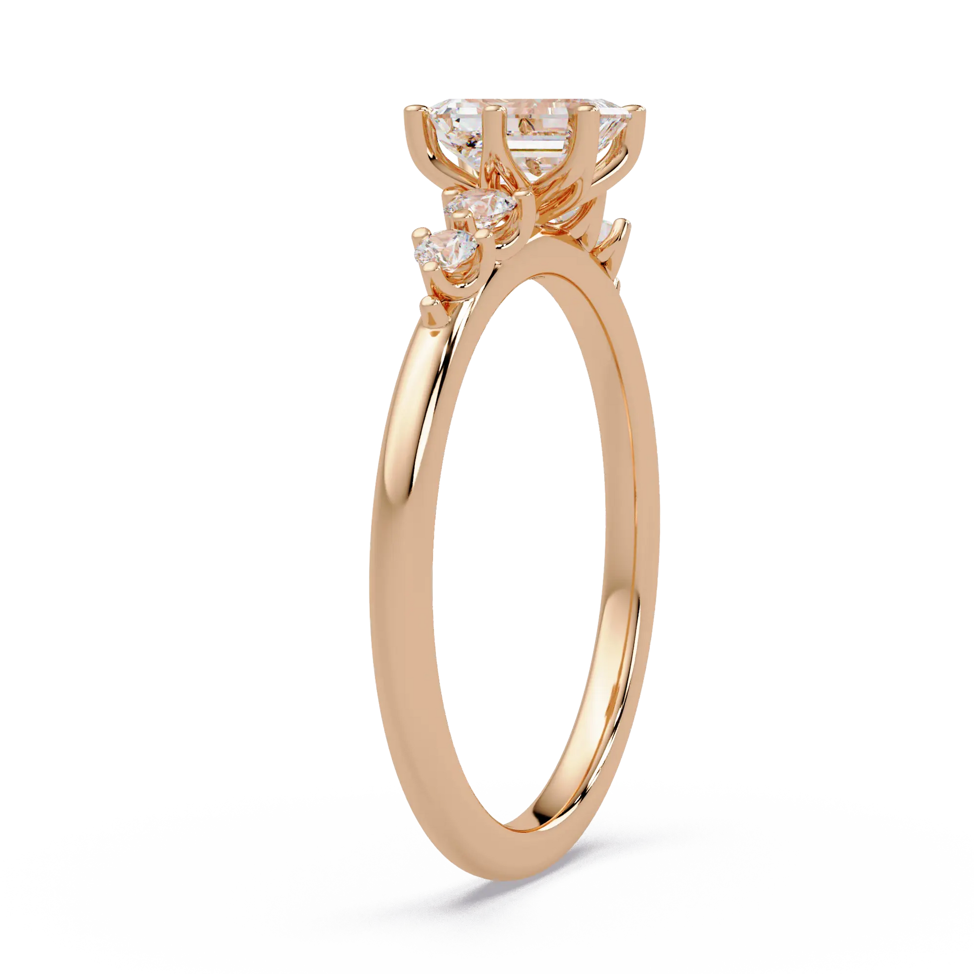 Emerald Cut Diamond Three Stone Engagement Ring  Round Accent Diamond Solitaire Ring