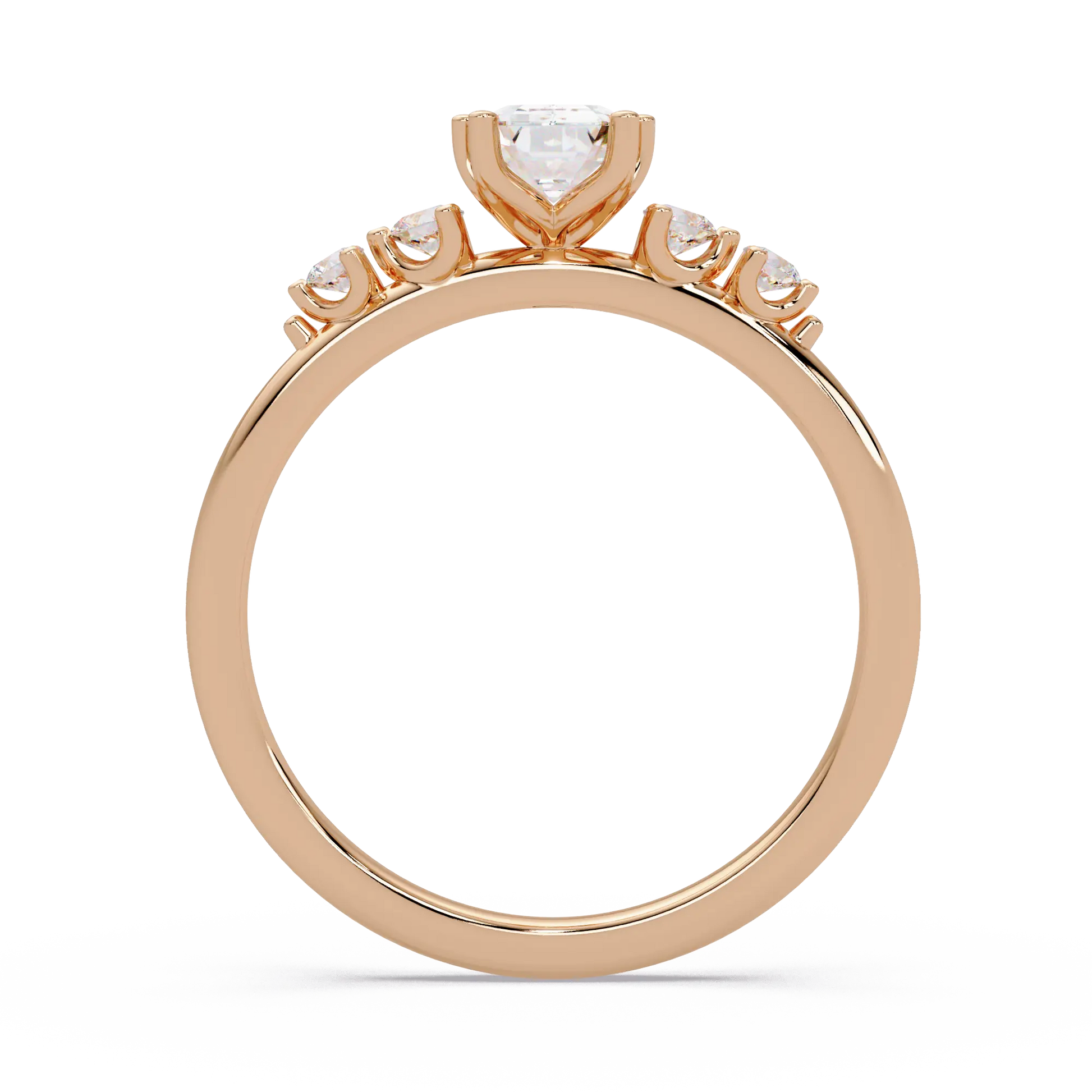 Emerald Cut Diamond Three Stone Engagement Ring  Round Accent Diamond Solitaire Ring