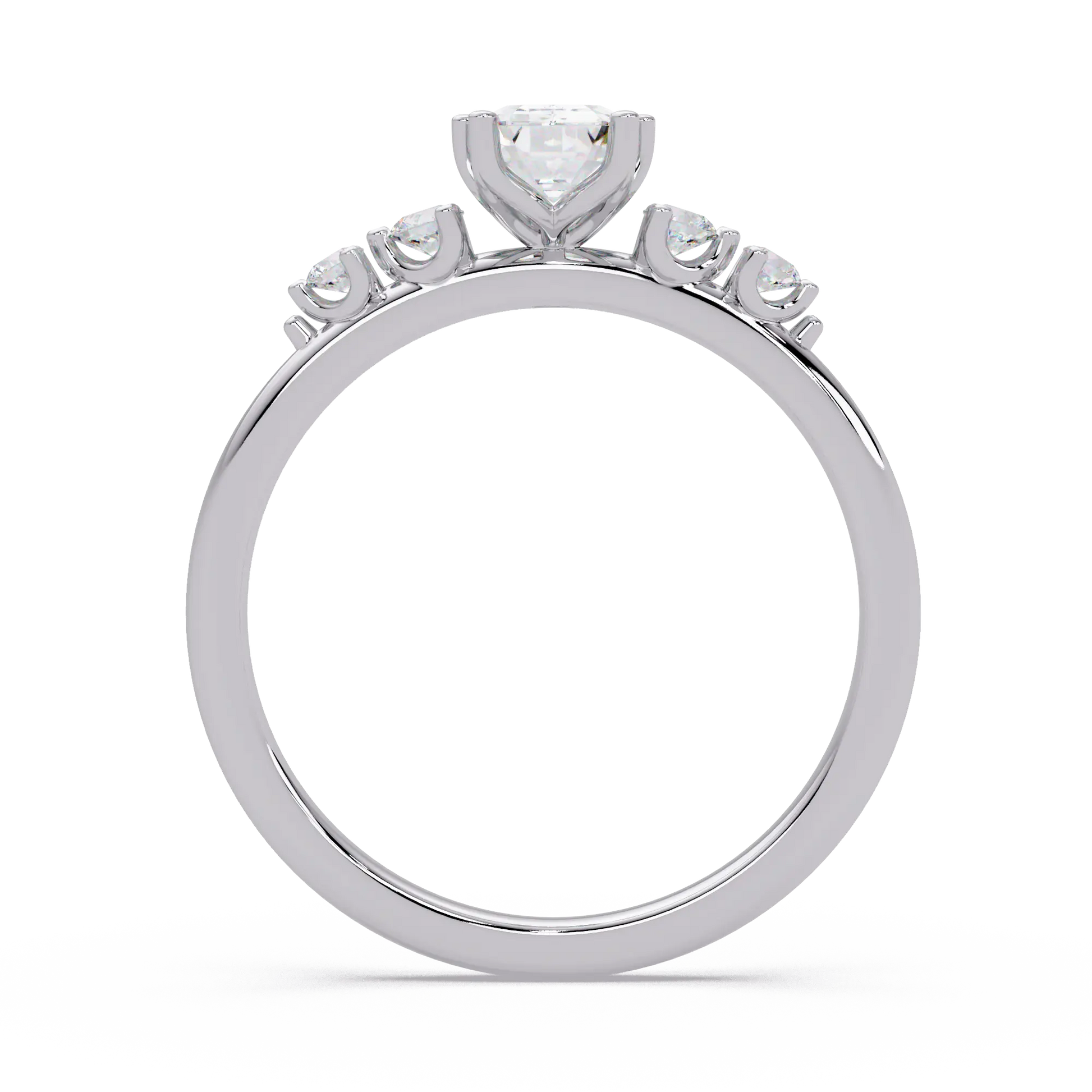 Emerald Cut Diamond Three Stone Engagement Ring  Round Accent Diamond Solitaire Ring
