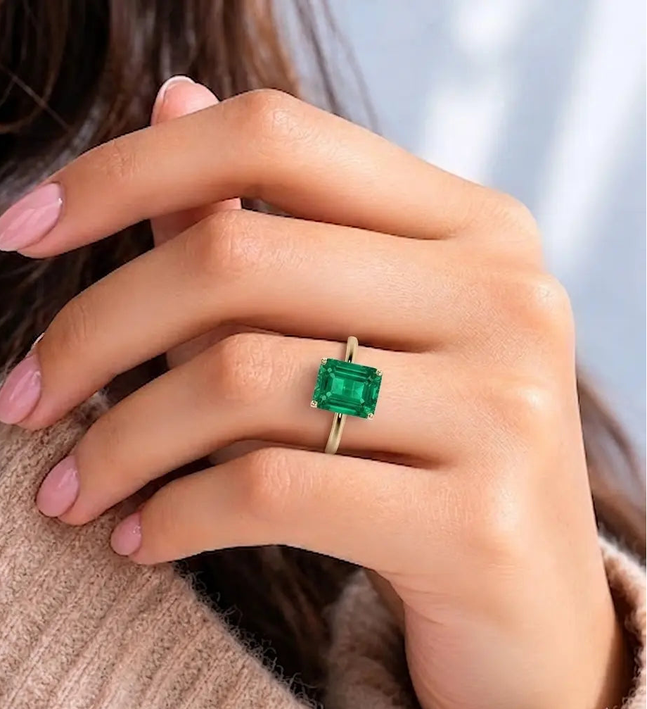 Emerald Cut Emerald Green Lab Grown Diamond Solitaire Engagement Ring – Classic Four Prong Design