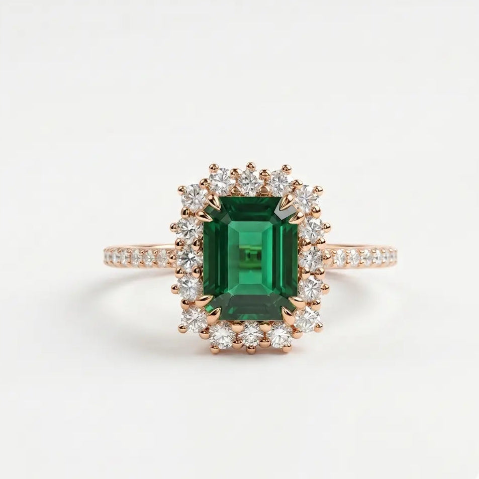 Emerald Cut Lab Grown Emerald Halo Engagement Ring with Pavé Band – Vintage Inspired Statement Ring