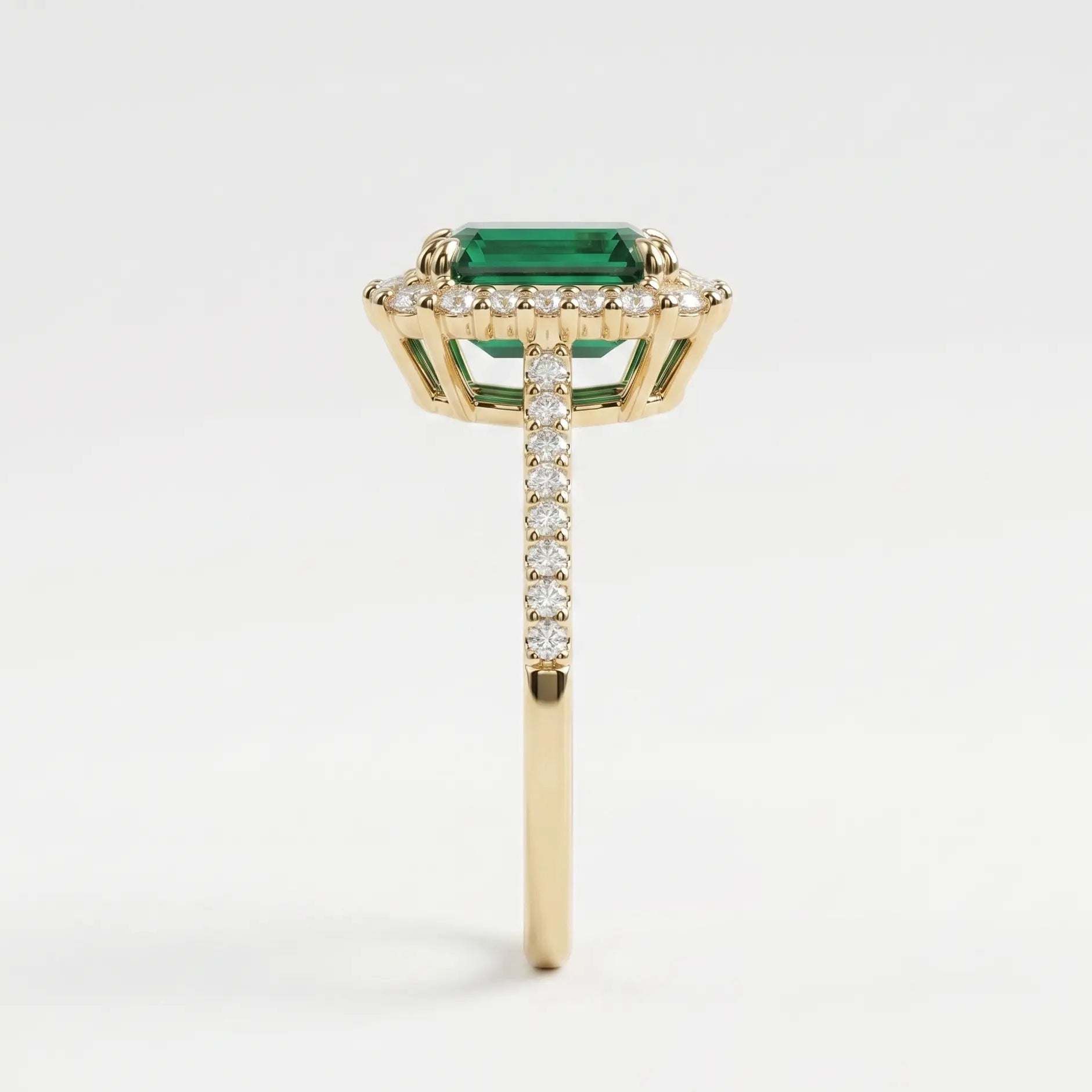 Emerald Cut Lab Grown Emerald Halo Engagement Ring with Pavé Band – Vintage Inspired Statement Ring