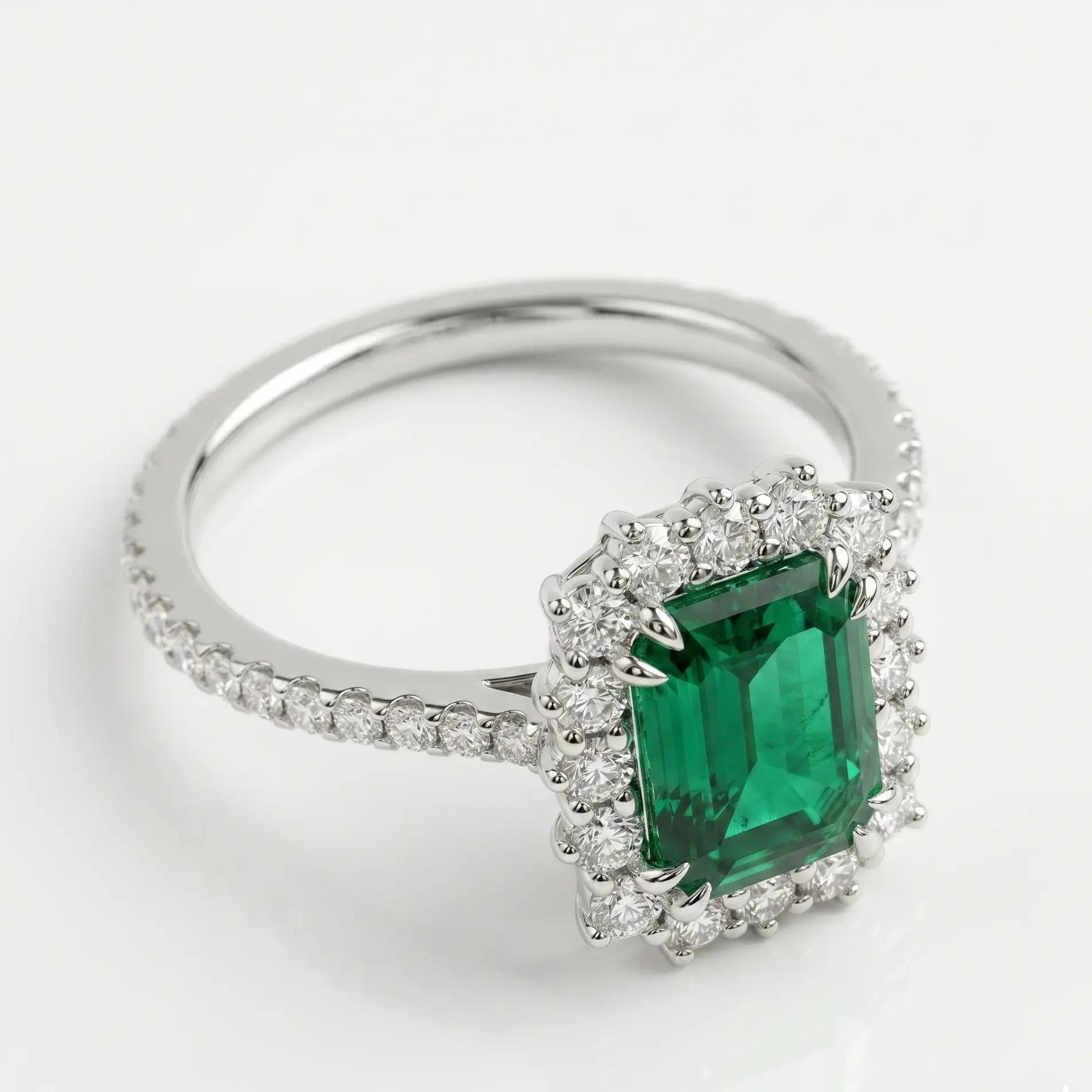 Emerald Cut Lab Grown Emerald Halo Engagement Ring with Pavé Band – Vintage Inspired Statement Ring