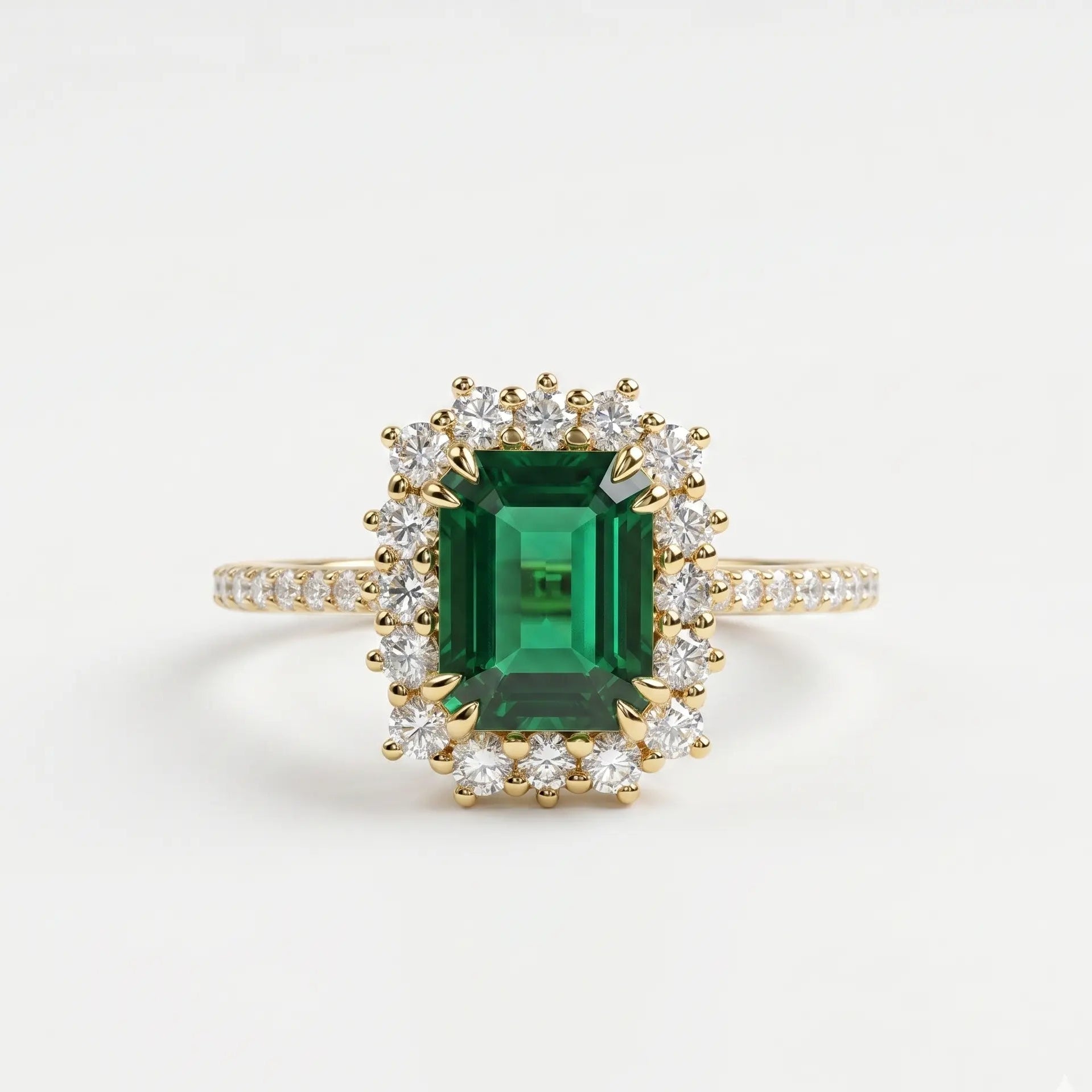 Emerald Cut Green Lab Grown Diamond Halo Engagement Ring with Pavé Band – Vintage Inspired Statement Ring