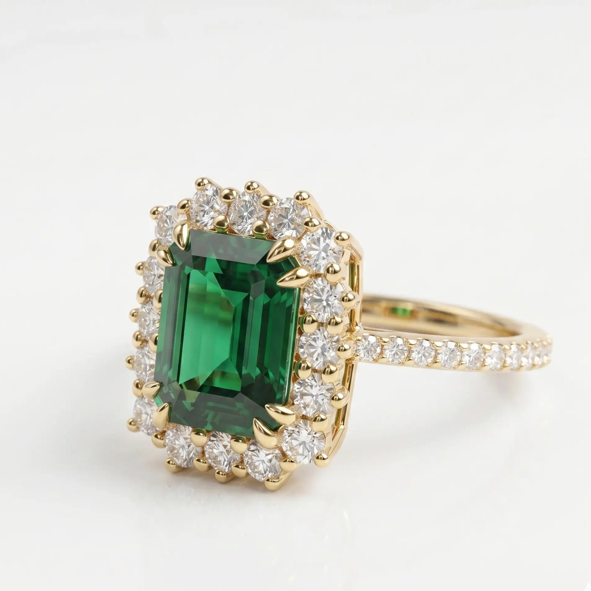 Emerald Cut Lab Grown Emerald Halo Engagement Ring with Pavé Band – Vintage Inspired Statement Ring