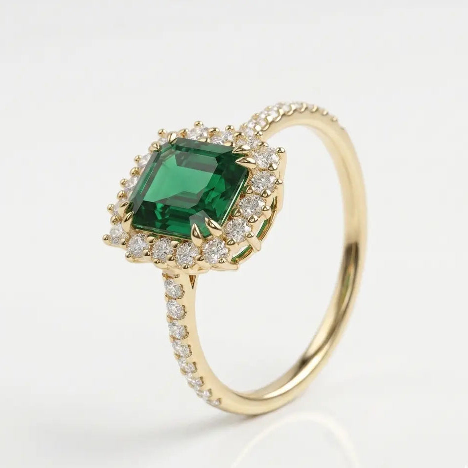Emerald Cut Lab Grown Emerald Halo Engagement Ring with Pavé Band – Vintage Inspired Statement Ring