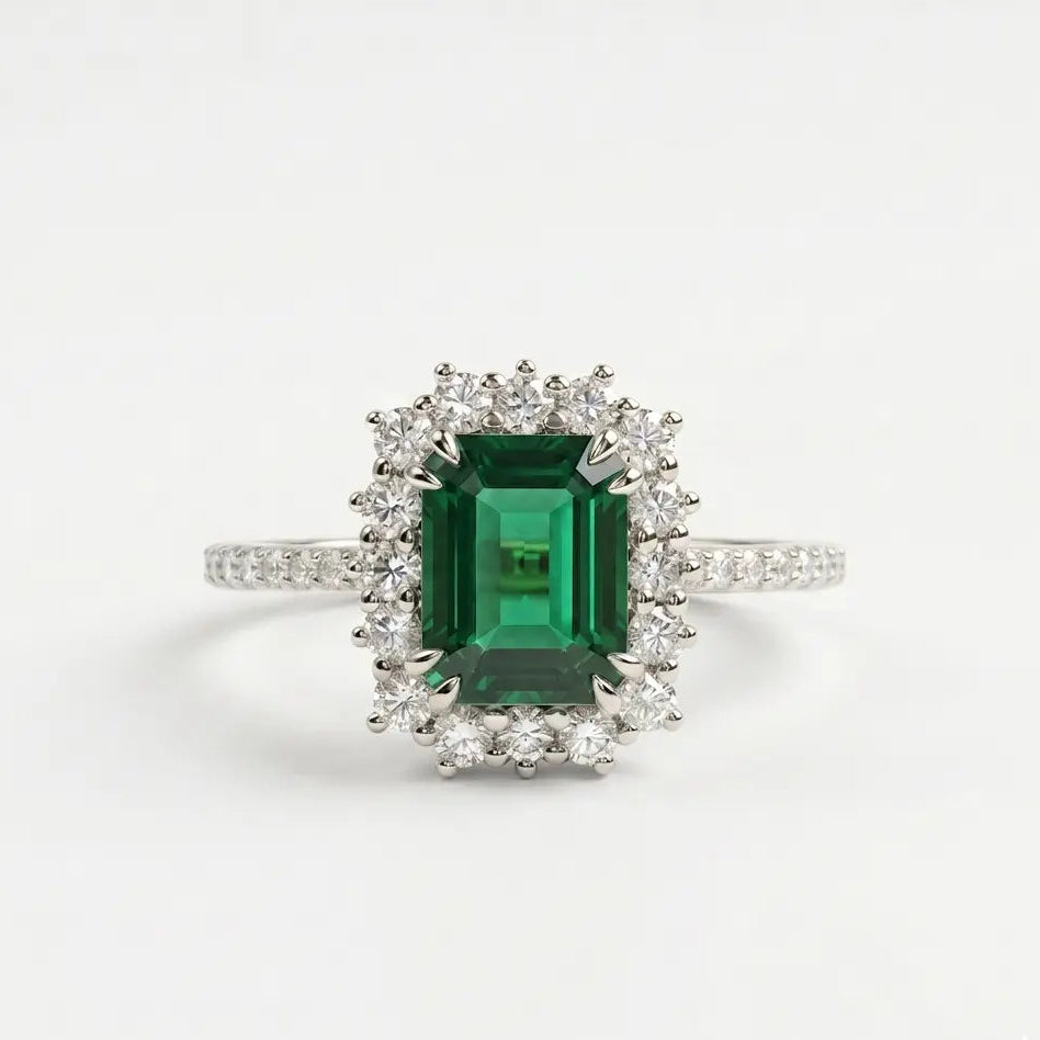 Emerald Cut Lab Grown Emerald Halo Engagement Ring with Pavé Band – Vintage Inspired Statement Ring