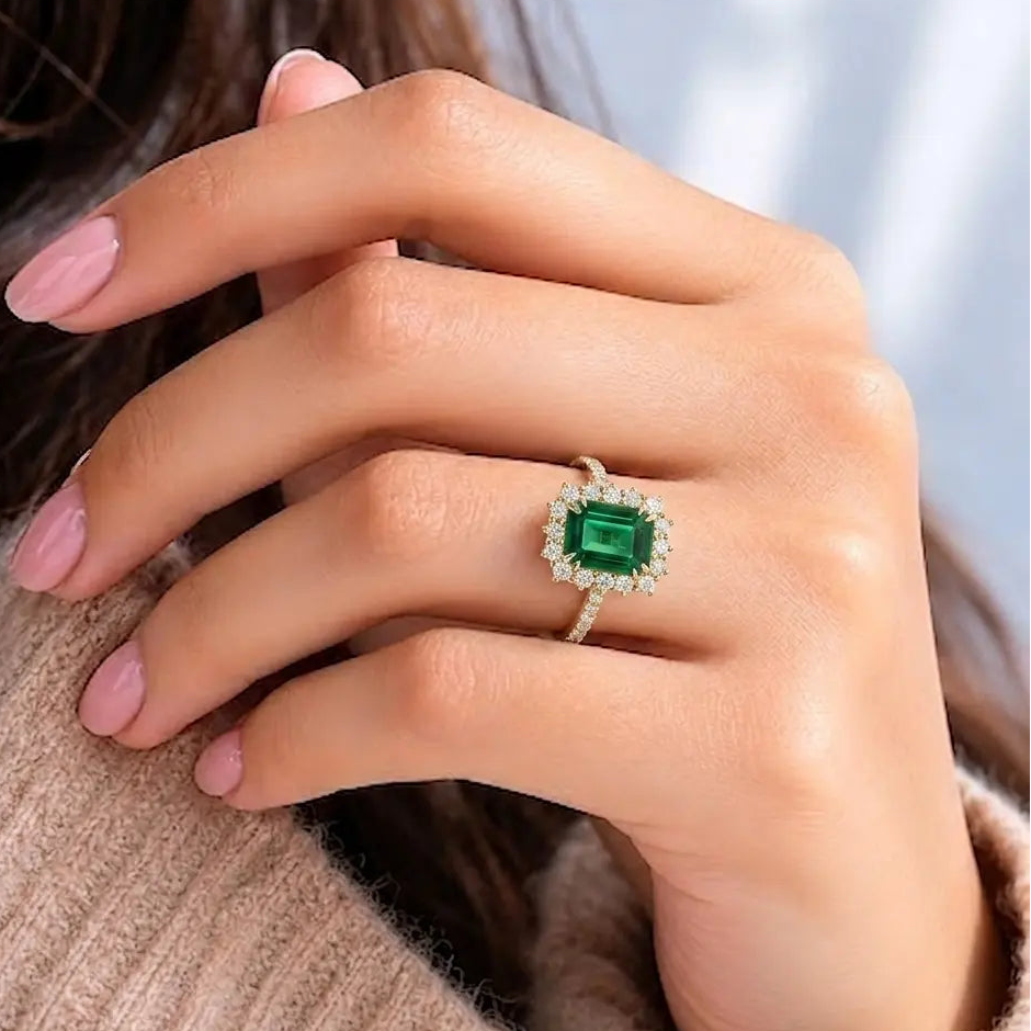 Emerald Cut Green Lab Grown Diamond Halo Engagement Ring with Pavé Band – Vintage Inspired Statement Ring
