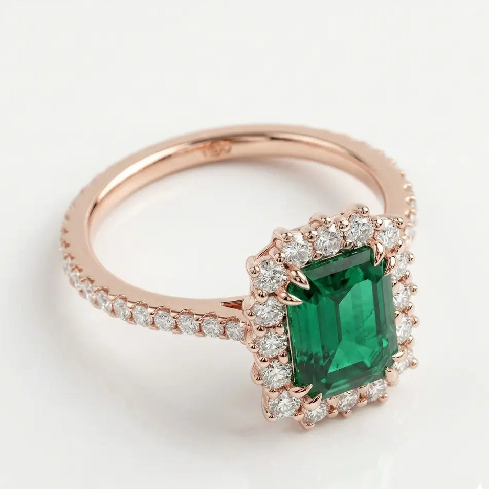 Emerald Cut Lab Grown Emerald Halo Engagement Ring with Pavé Band – Vintage Inspired Statement Ring