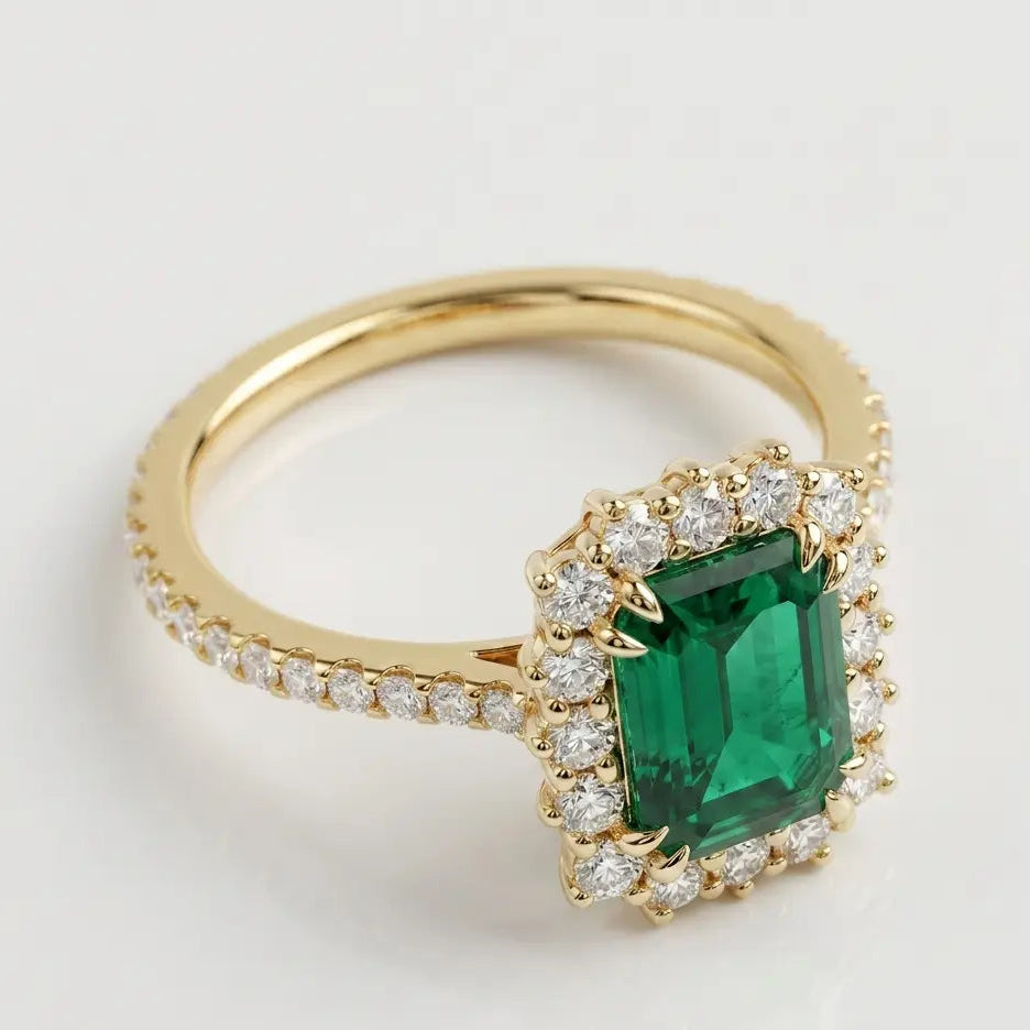 Emerald Cut Lab Grown Emerald Halo Engagement Ring with Pavé Band – Vintage Inspired Statement Ring