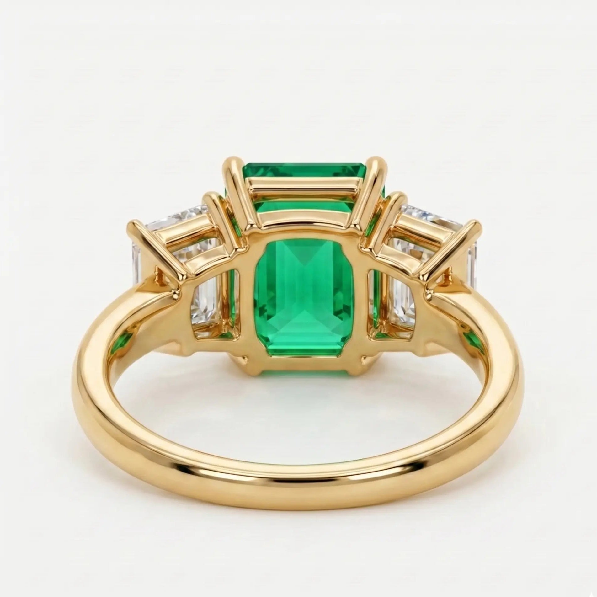 Emerald Cut Green Lab Grown Diamond Three Stone Engagement Ring with Emerald Side Stones