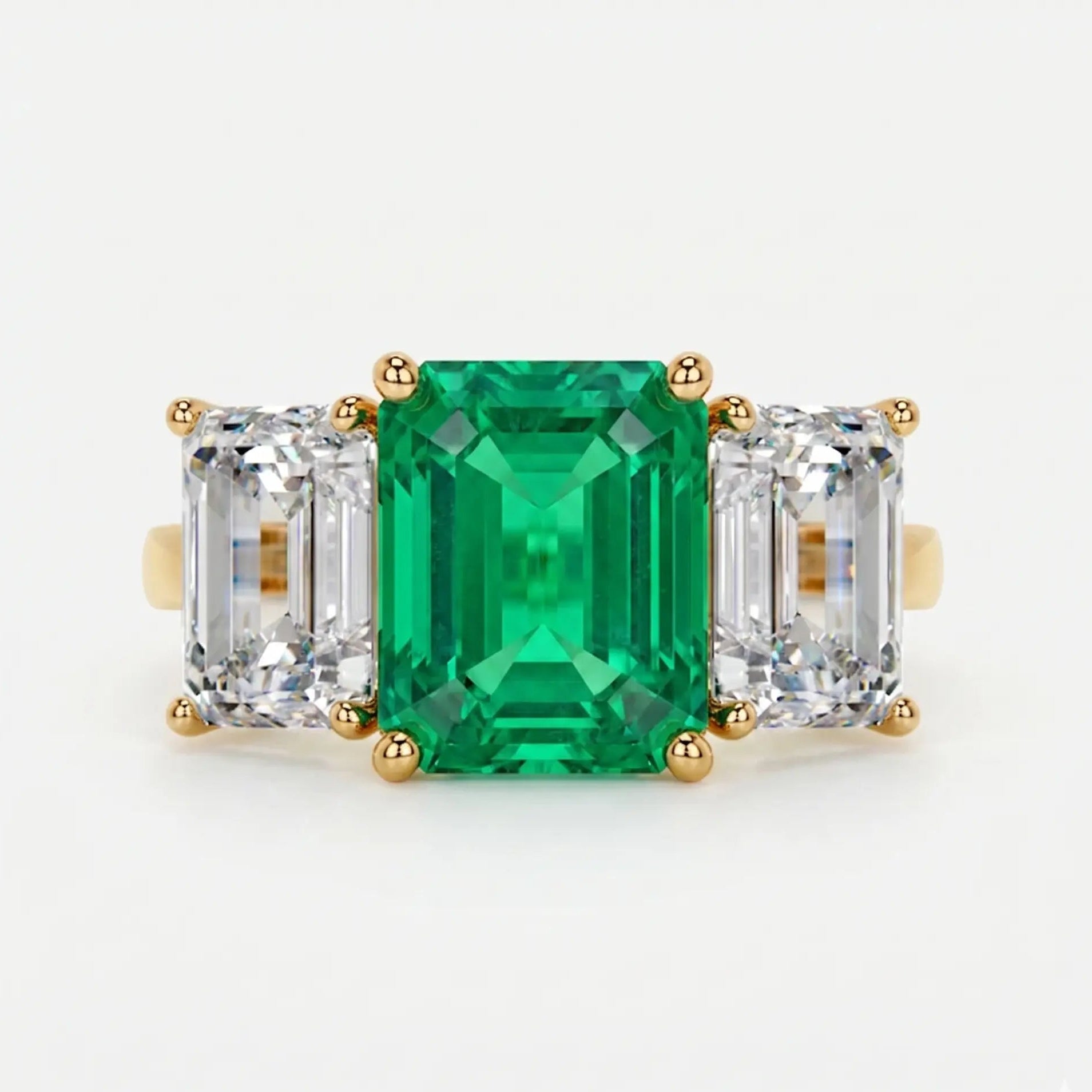 Emerald Cut Green Lab Grown Diamond Three Stone Engagement Ring with Emerald Side Stones