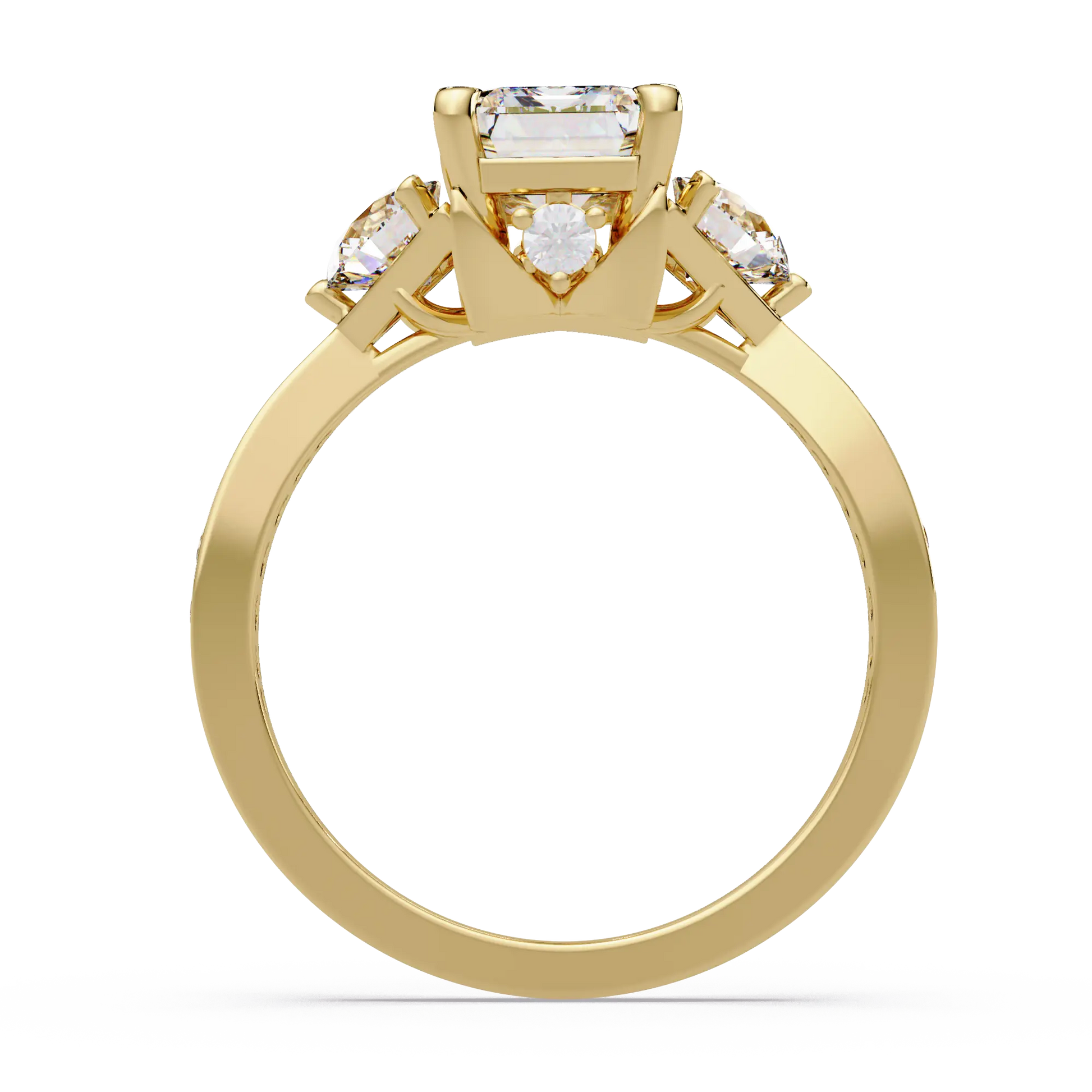 Emerald Cut Lab Grown Diamond Three Stone Engagement Ring with Pavé Band