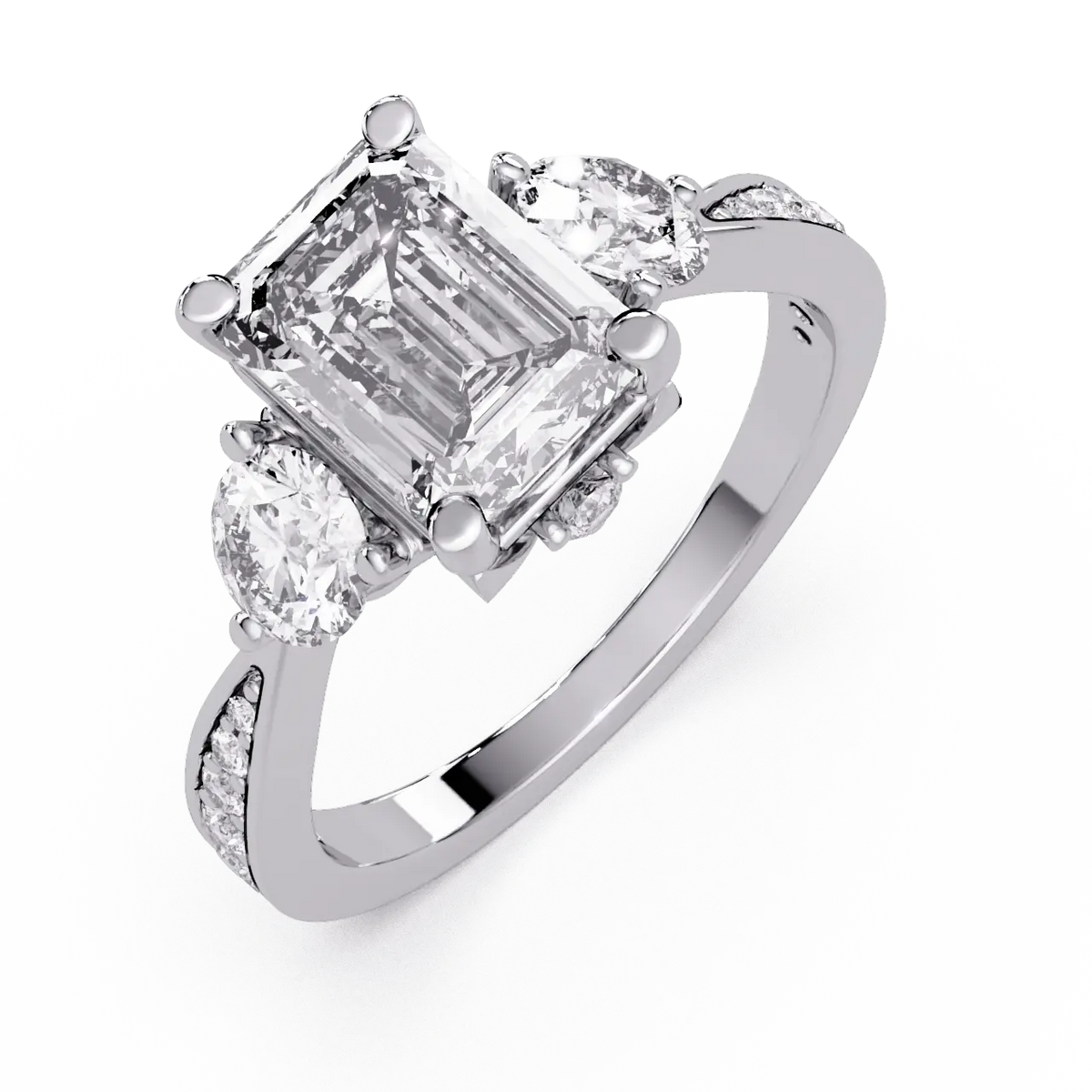 Emerald Cut Lab Grown Diamond Three Stone Engagement Ring with Pavé Band