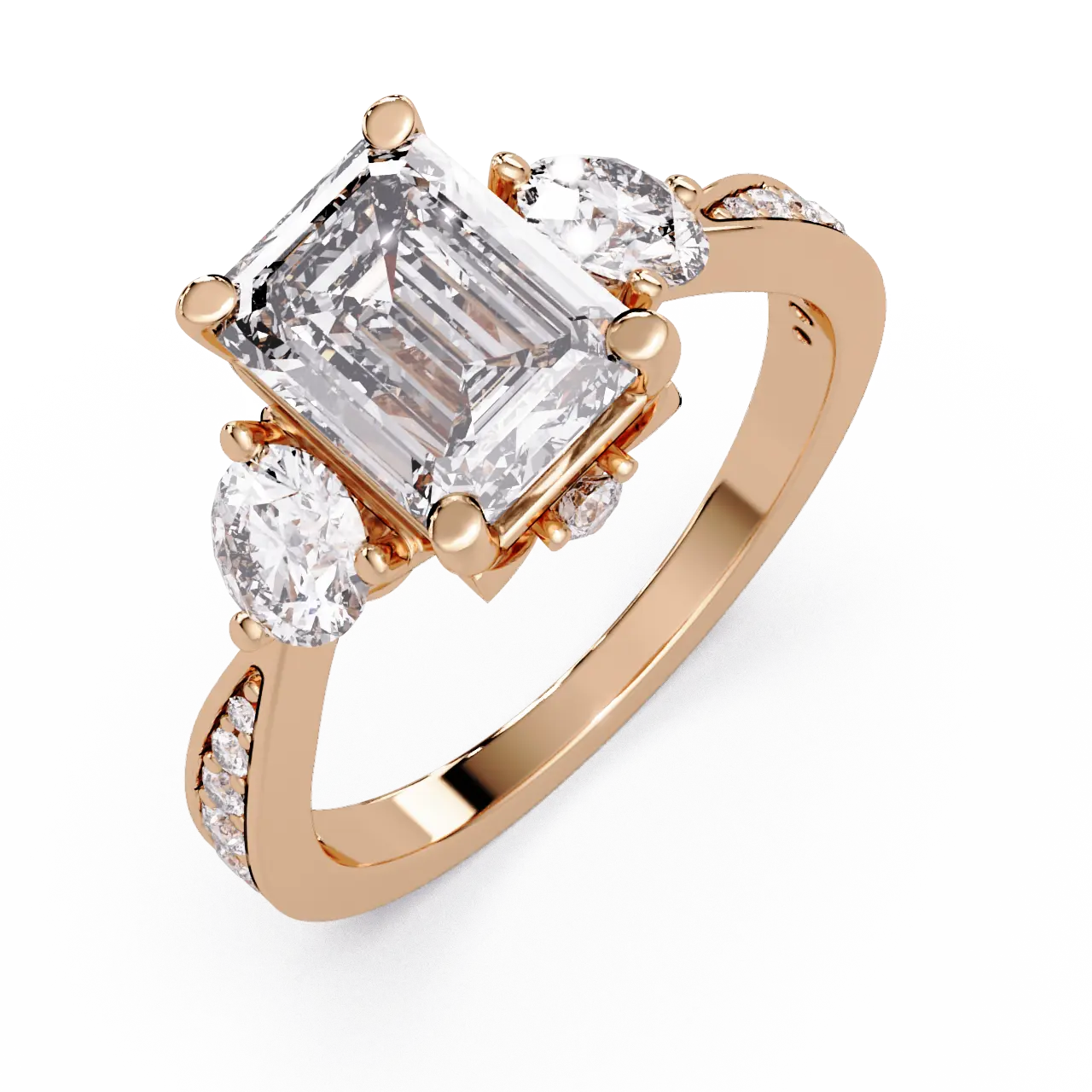 Emerald Cut Lab Grown Diamond Three Stone Engagement Ring with Pavé Band