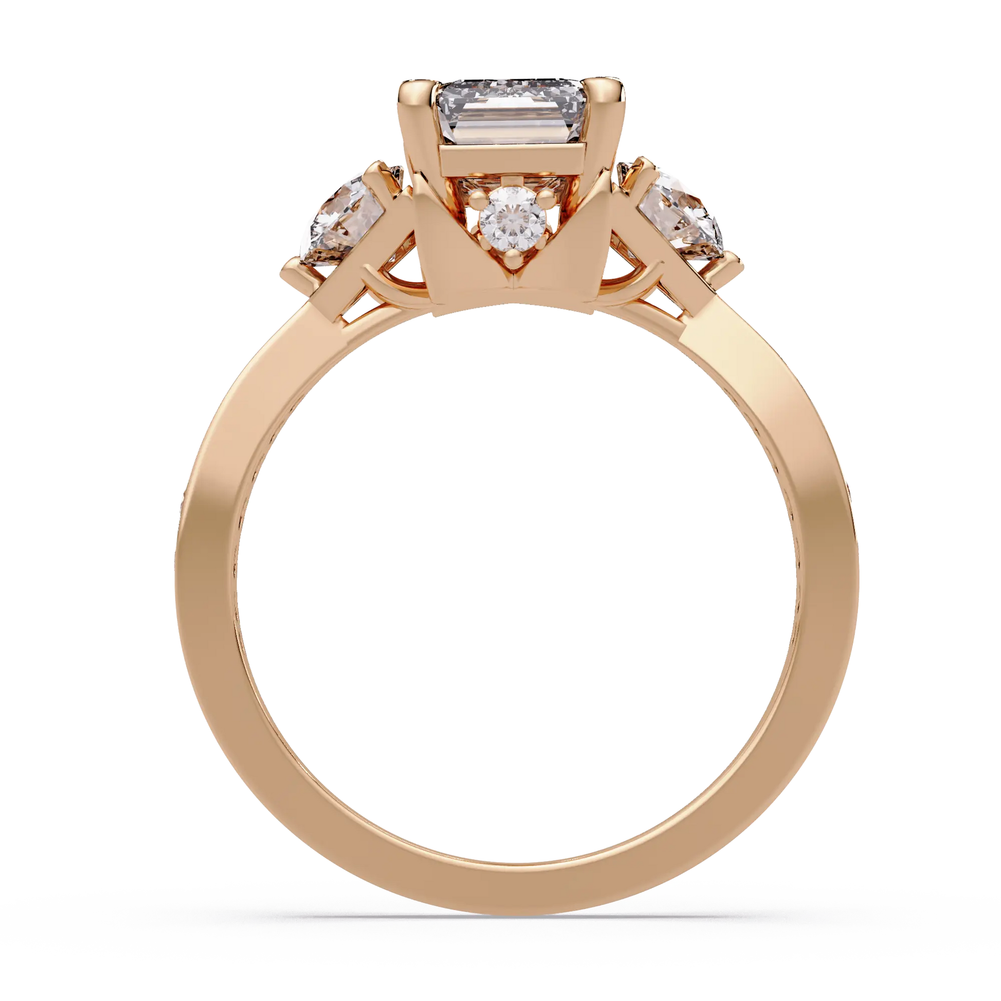 Emerald Cut Lab Grown Diamond Three Stone Engagement Ring with Pavé Band
