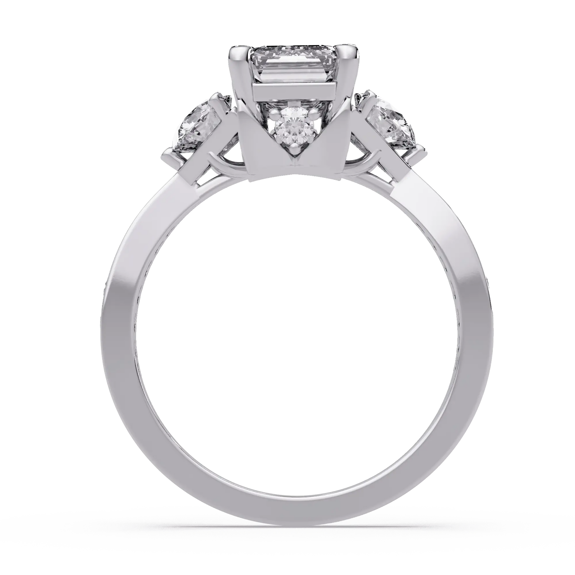 Emerald Cut Lab Grown Diamond Three Stone Engagement Ring with Pavé Band