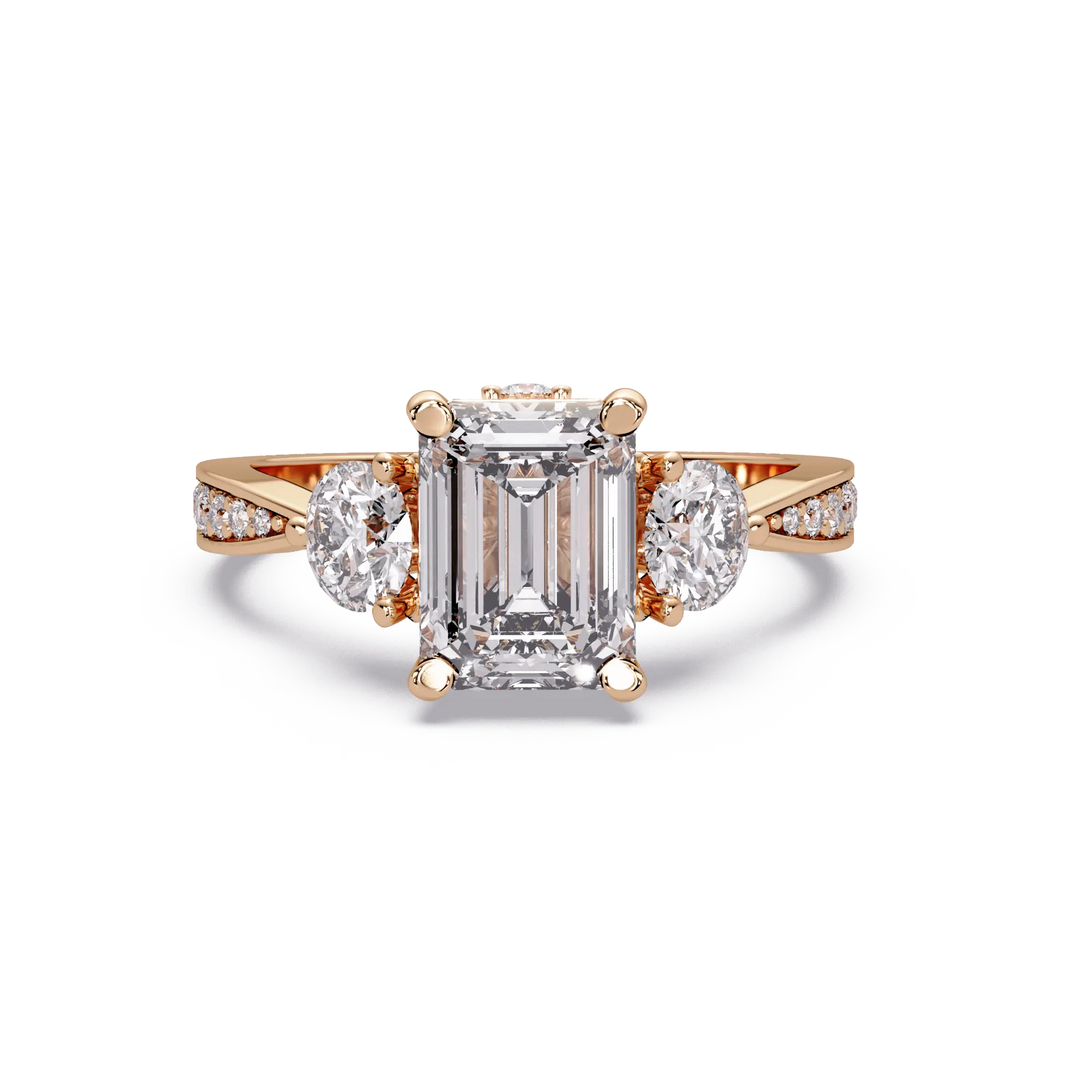 Emerald Cut Lab Grown Diamond Three Stone Engagement Ring with Pavé Band
