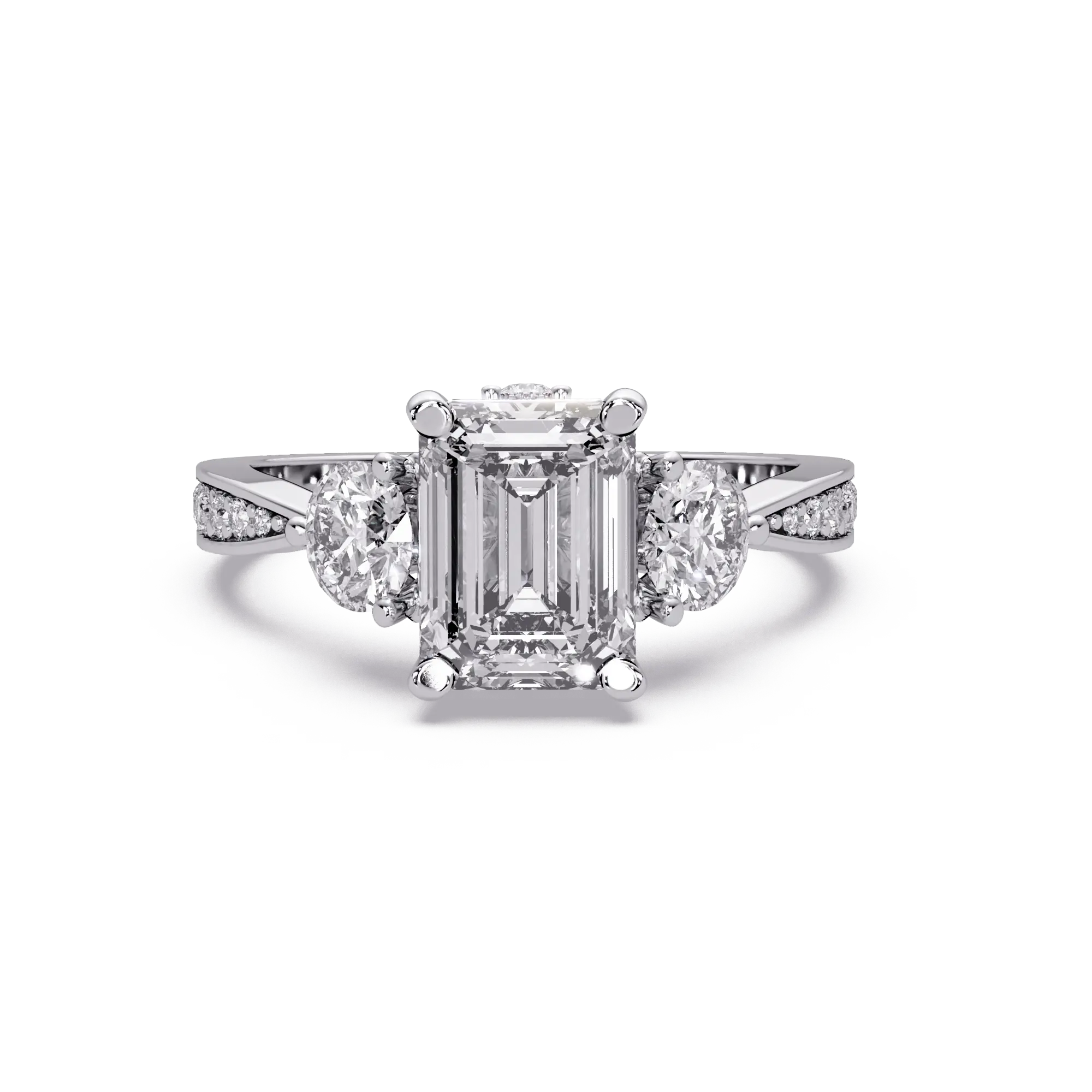 Emerald Cut Lab Grown Diamond Three Stone Engagement Ring with Pavé Band
