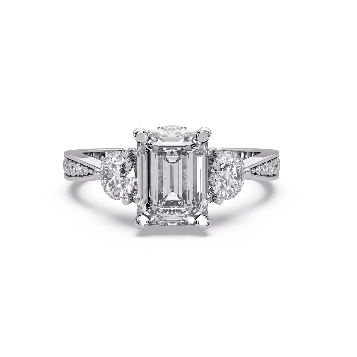 Emerald Cut Lab Grown Diamond Three Stone Engagement Ring with Pavé Band