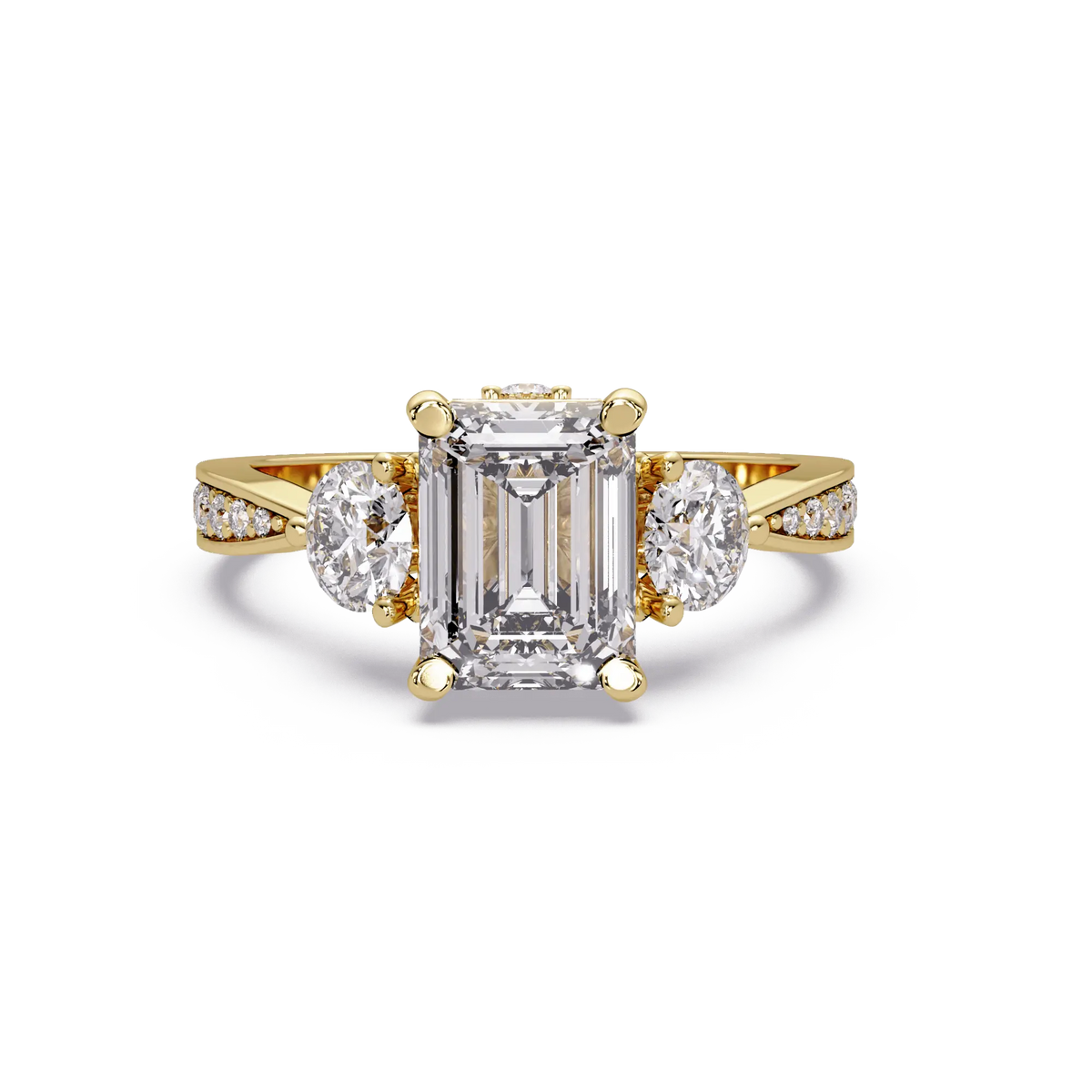 Emerald Cut Lab Grown Diamond Three Stone Engagement Ring with Pavé Band