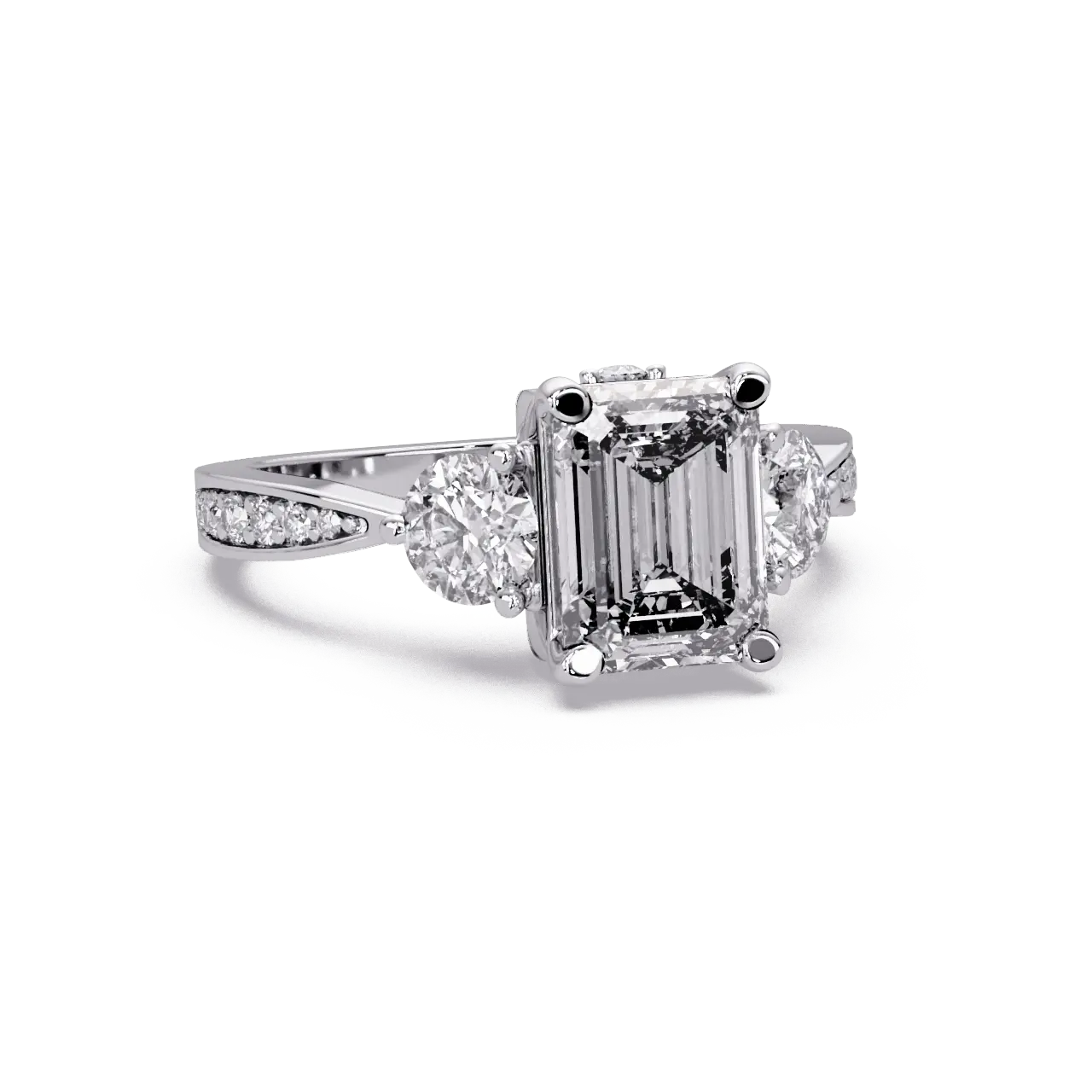 Emerald Cut Lab Grown Diamond Three Stone Engagement Ring with Pavé Band