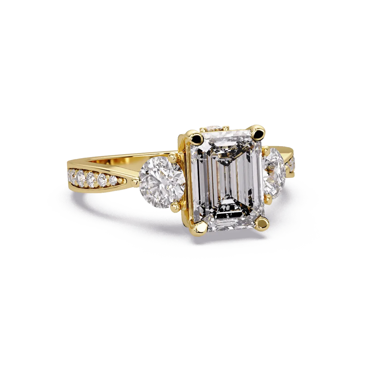Emerald Cut Lab Grown Diamond Three Stone Engagement Ring with Pavé Band