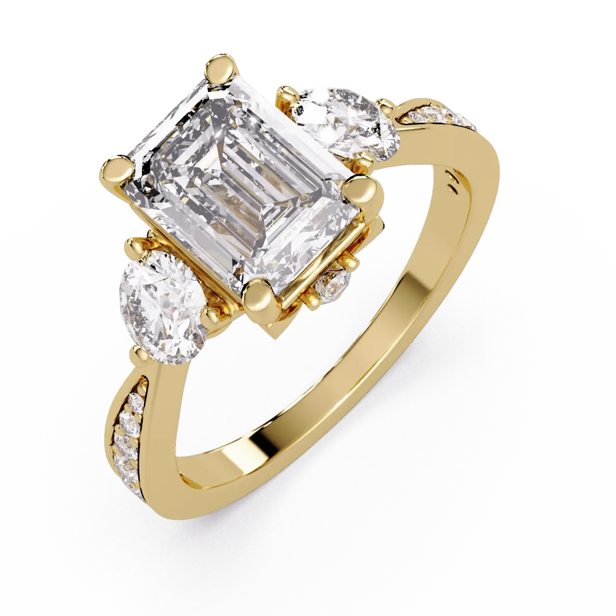 Emerald Cut Lab Grown Diamond Three Stone Engagement Ring with Pavé Band