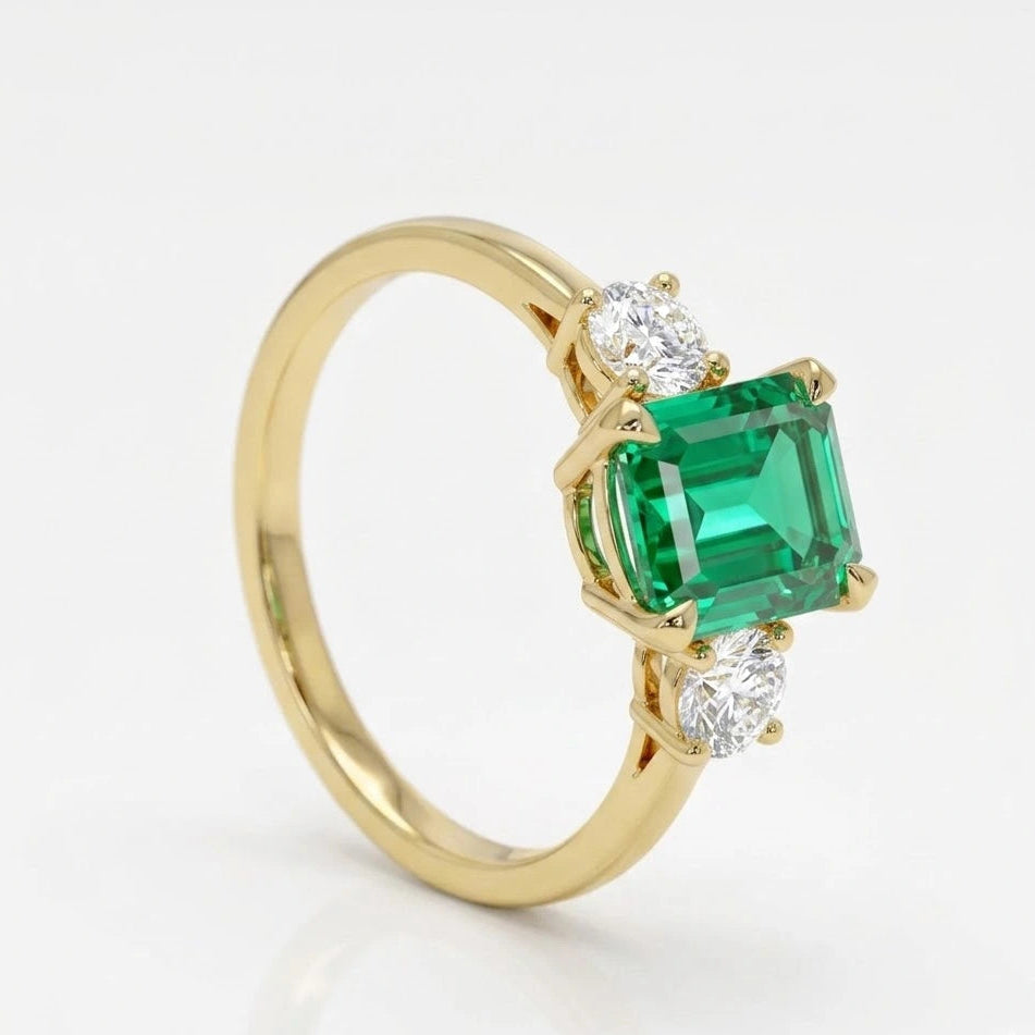 Emerald Cut Lab Grown Emerald Three Stone Engagement Ring with Round Diamond Accents – Classic Solitaire Bridal Ring